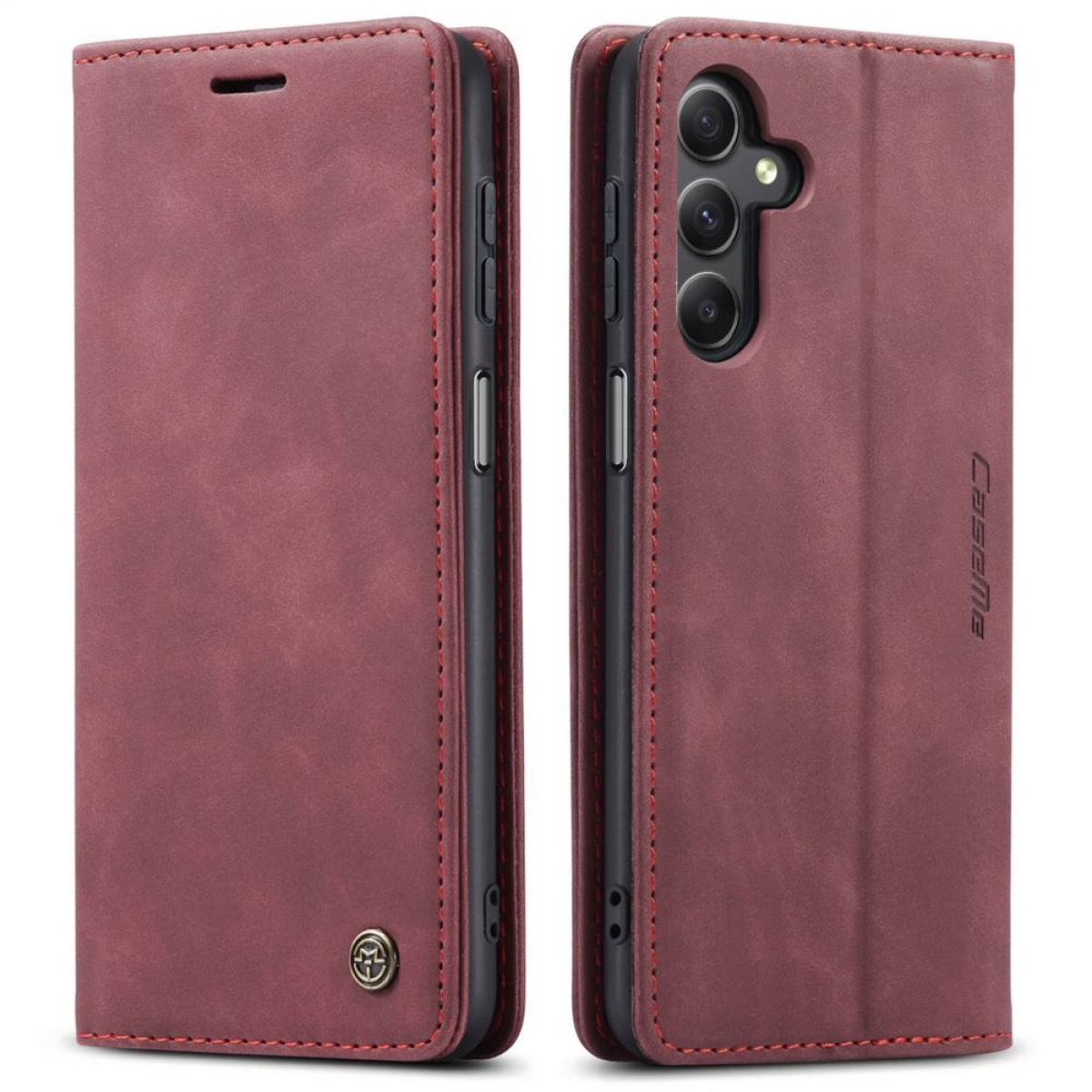 Rote Leder-Handyhülle, offen und geschlossen, mit roten Nähten auf weißem Hintergrund.