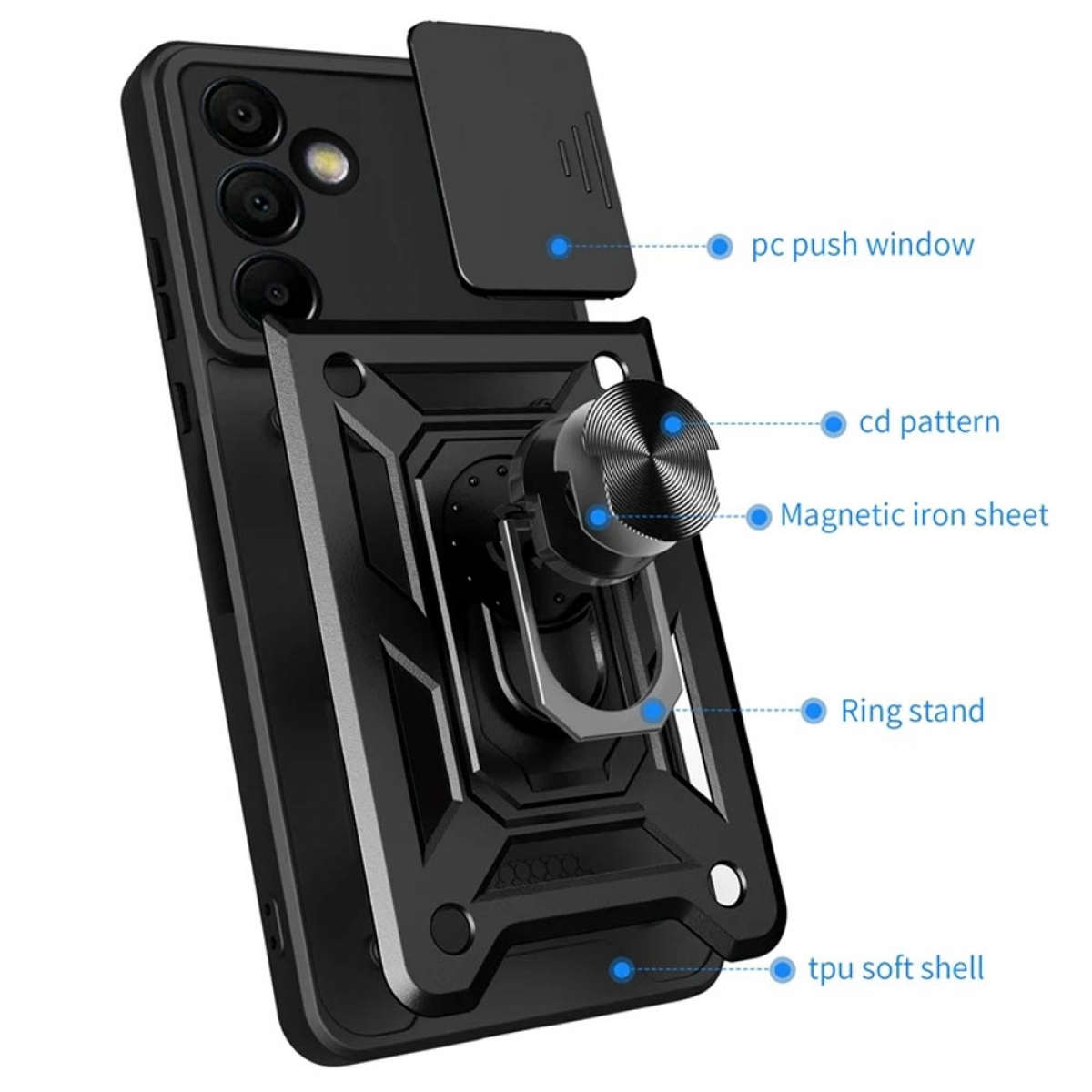 Eine schwarze Handyhülle mit Ringständer. Merkmale sind eine Kameraabdeckung und eine strukturierte Rückseite.