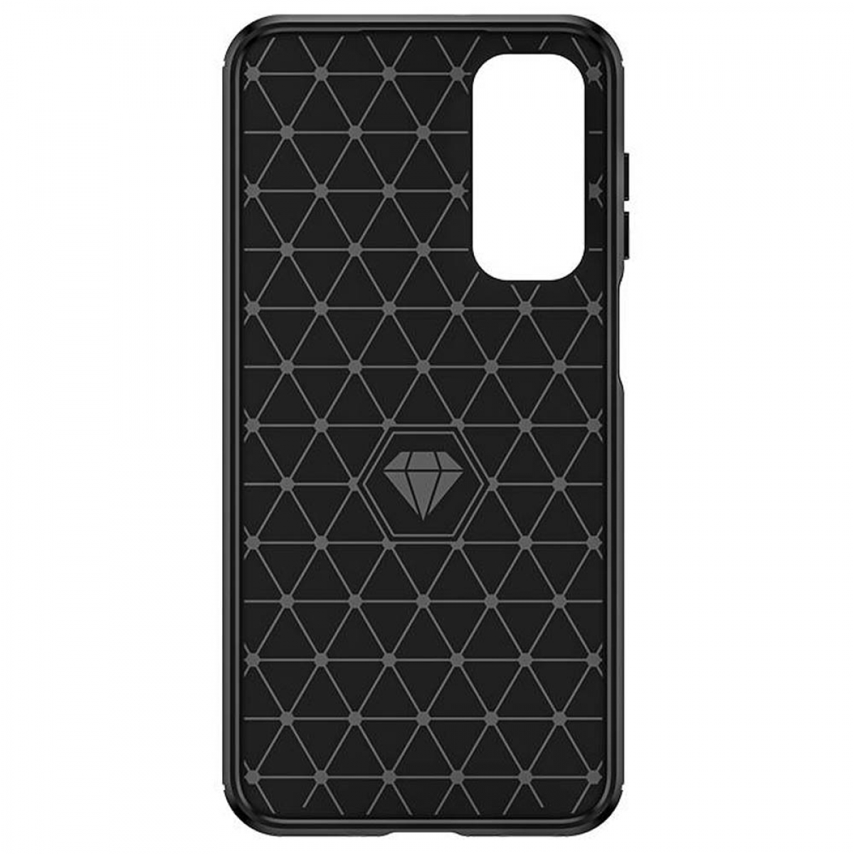 Schwarze Handyhülle mit Rautenmuster. Diamantform in der Mitte. Kamera-Ausschnitt.