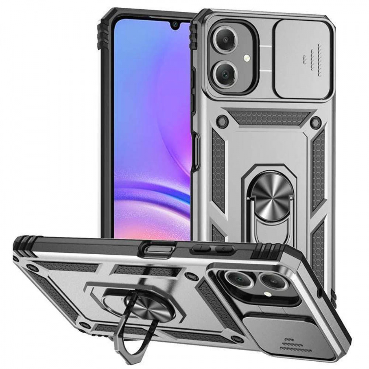 Silberne Handyhülle mit Kameraabdeckung auf einem Telefon. Weißer Hintergrund.