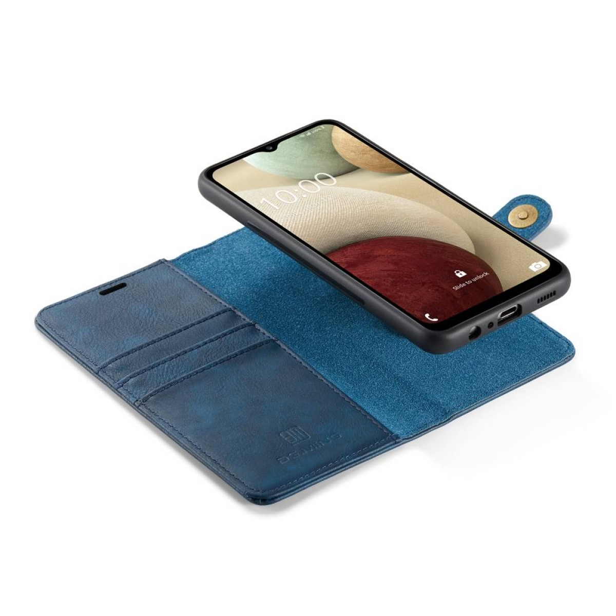 Blaue Telefon-Geldbörsen-Hülle mit Telefon darin. Die Hülle ist geöffnet, zeigt Kartenfächer.
