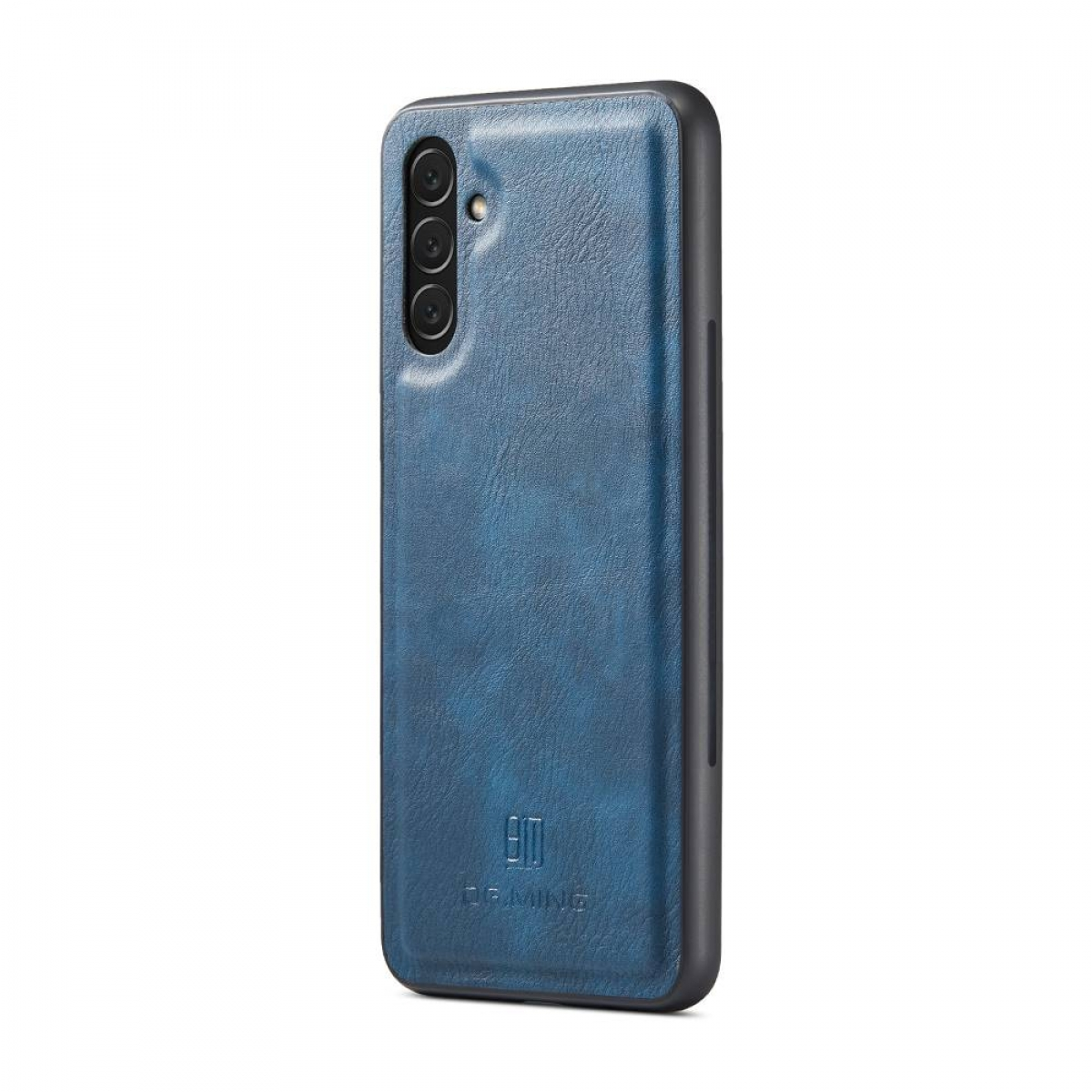 Blaues Handyhülle mit Lederstruktur und schwarzem Rahmen, zeigt ein Handy mit Kameras.