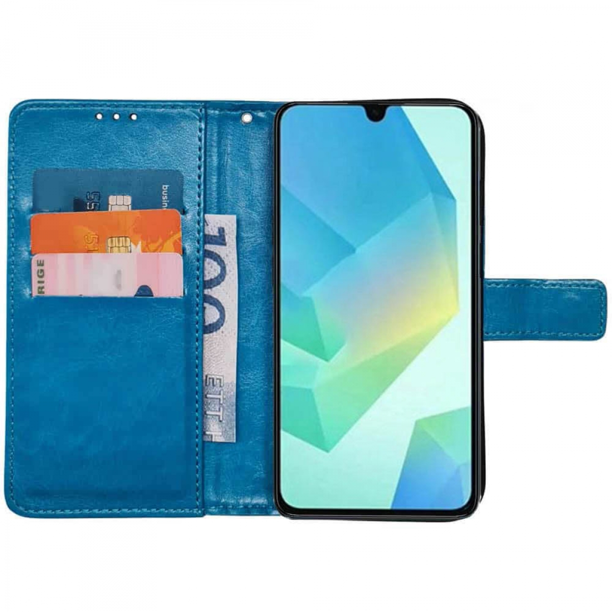Blaue Geldbörsen-Handyhülle mit Telefon, Karten und Bargeld im Inneren.