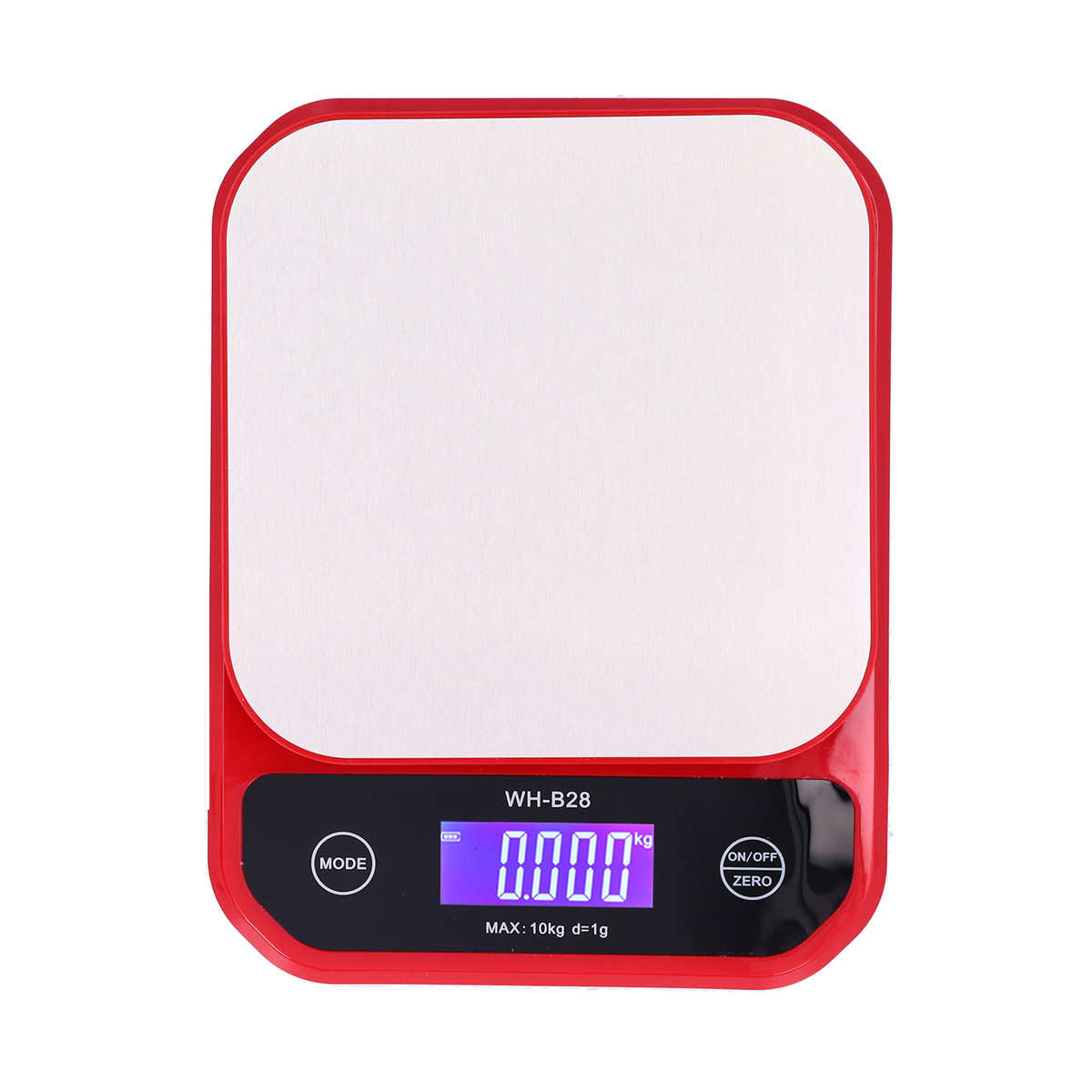 Rote und weiße digitale Küchenwaage, zeigt Null. Hat Modus- und Ein/Aus-Tasten. Max: 10kg, d=1g.
