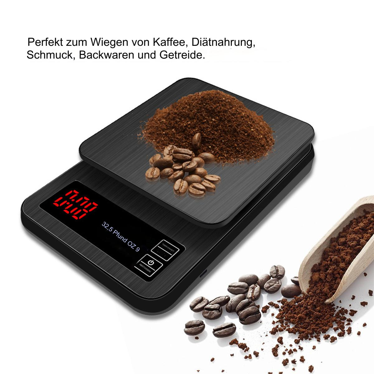 Eine schwarze Waage mit Kaffeebohnen, Kaffeepulver und einem Löffel. Digitalanzeige zeigt Gewicht.