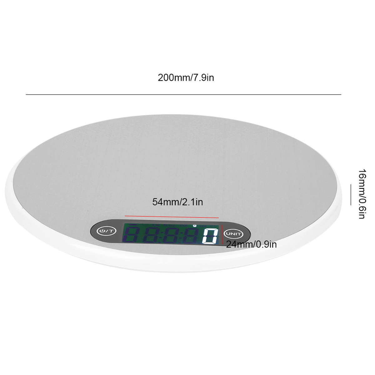 Digitale Küchenwaage mit Anzeige '0', mit Abmessungen und Maßen.