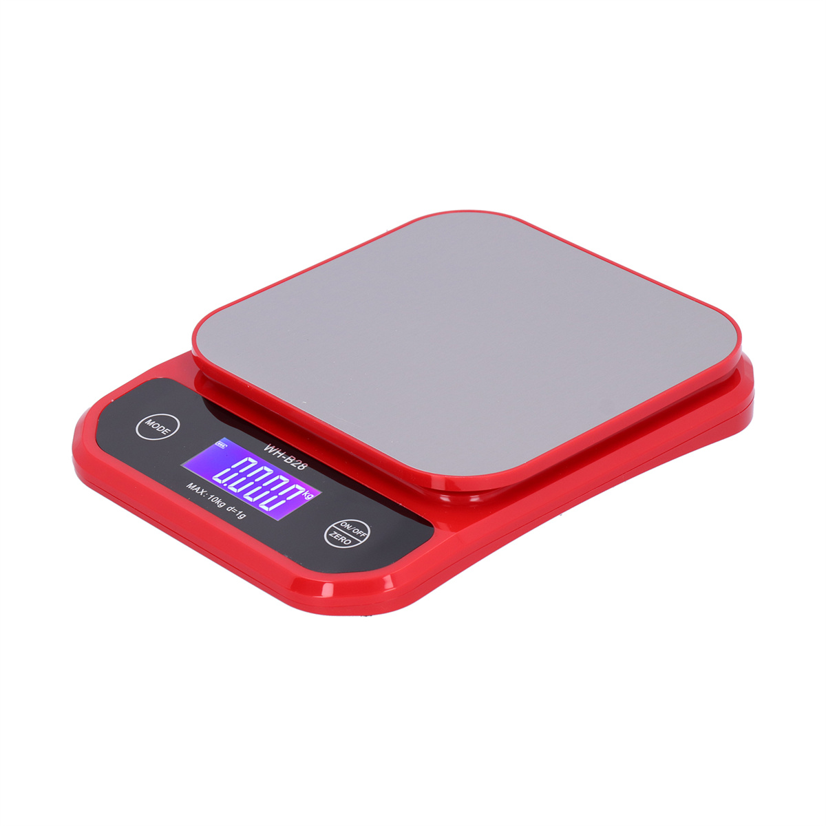 Eine rot-graue Digitalwaage mit Anzeige. Text sagt WH-B28 und Max 10kg d=1g.