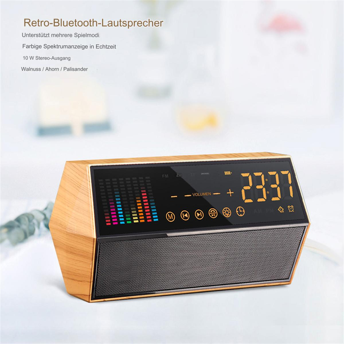 Ein Retro-Bluetooth-Lautsprecher aus Holz mit LED-Anzeige für Uhrzeit und Equalizer.