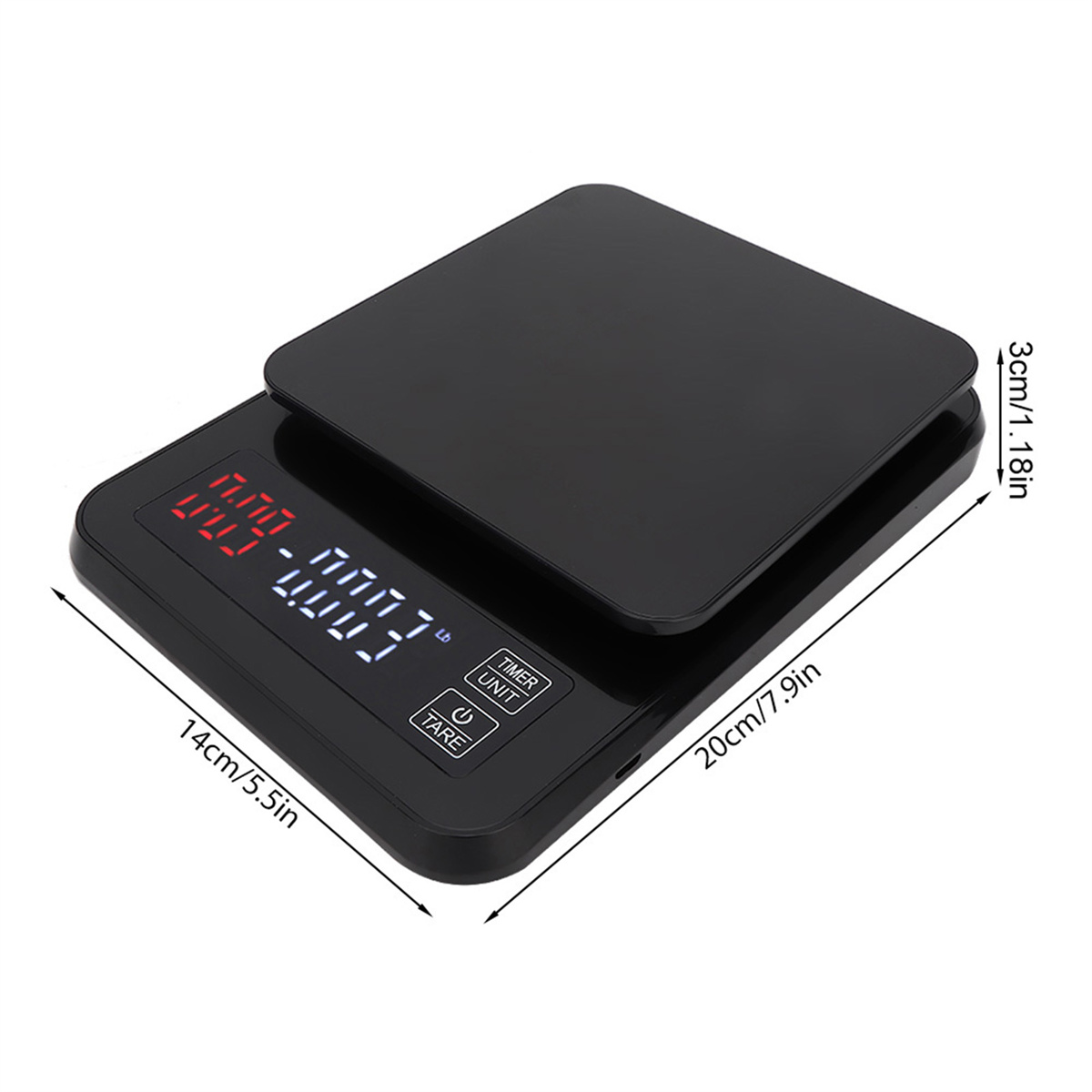 Eine schwarze digitale Küchenwaage, mit Maßen in cm und Zoll, zeigt 0,000 lb und 0,000 oz an.