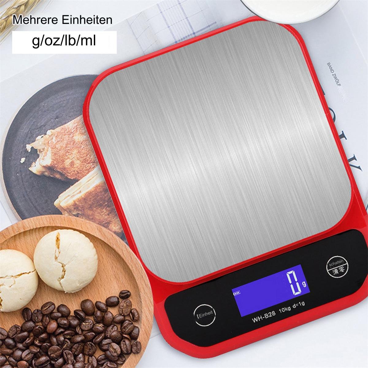 Eine rote digitale Küchenwaage mit Lebensmitteln, einschließlich Kaffeebohnen.