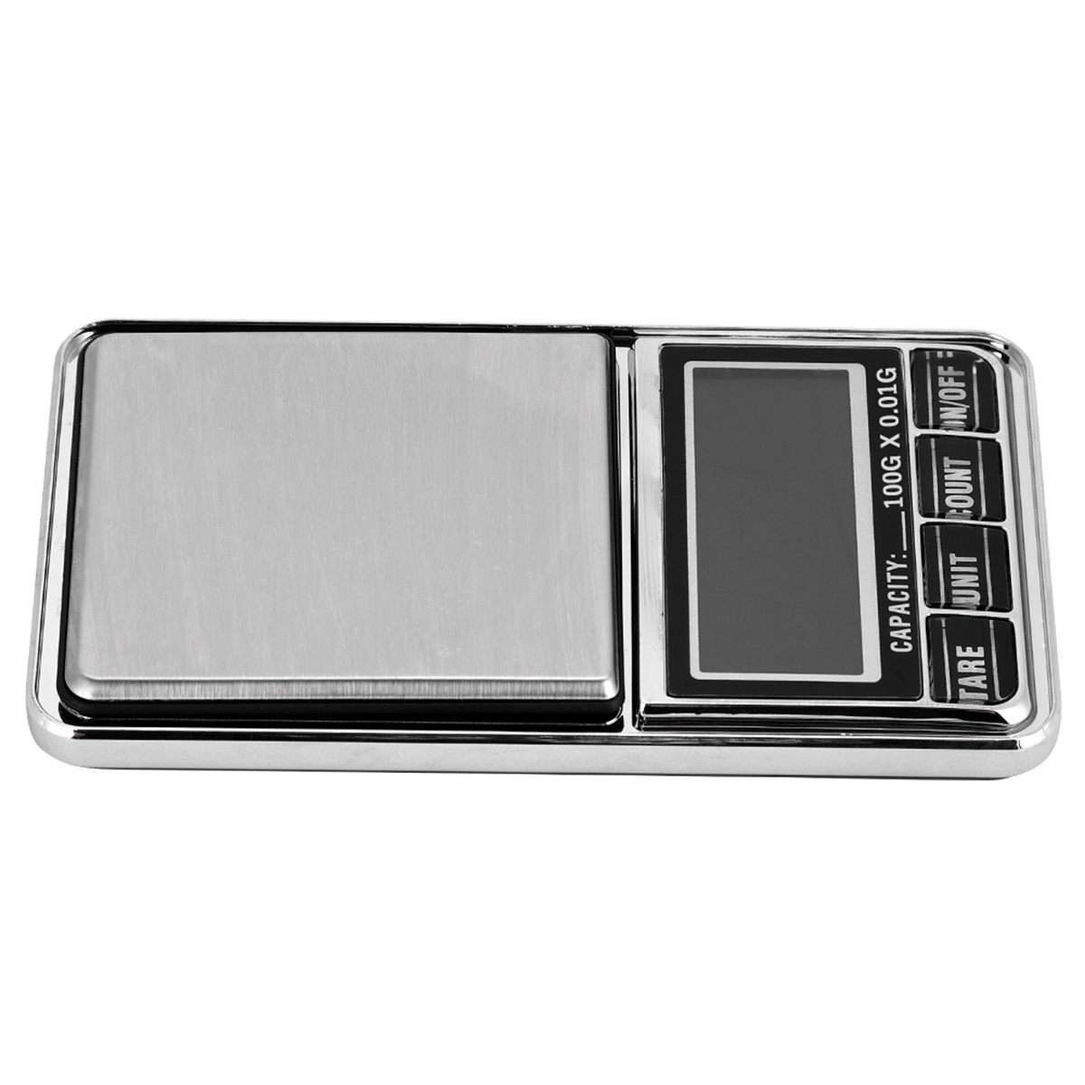 Eine kleine silberne Digitalwaage, rechteckig mit schwarzem Display, auf weißer Oberfläche.