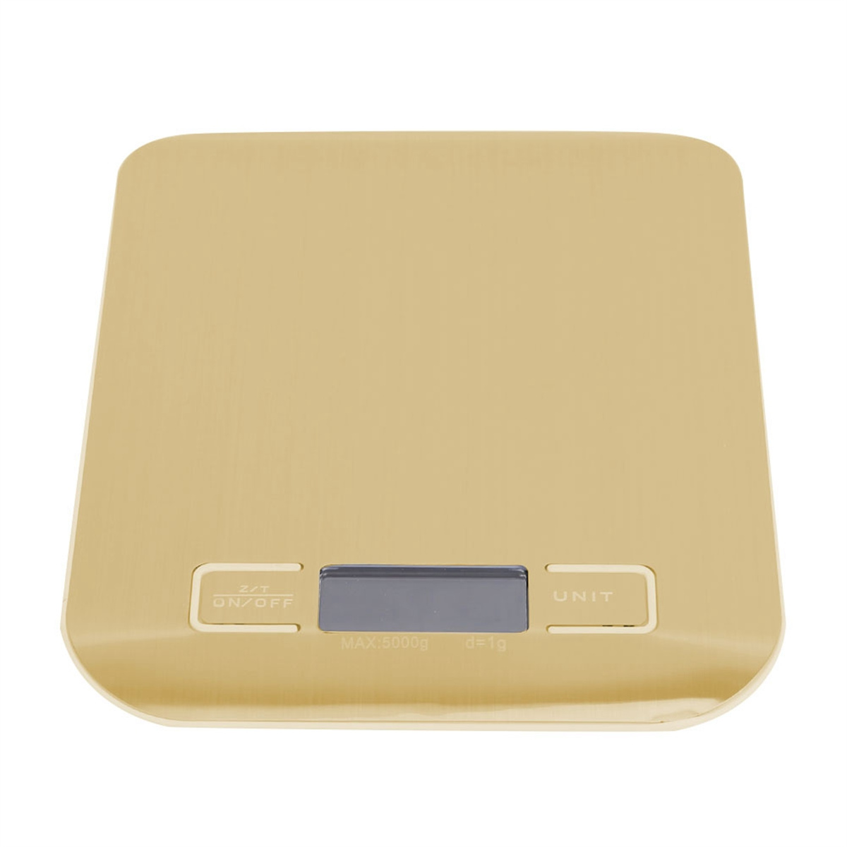 Eine goldfarbene digitale Küchenwaage mit Ein/Aus- und Einheitstaste, MAX 5000g.