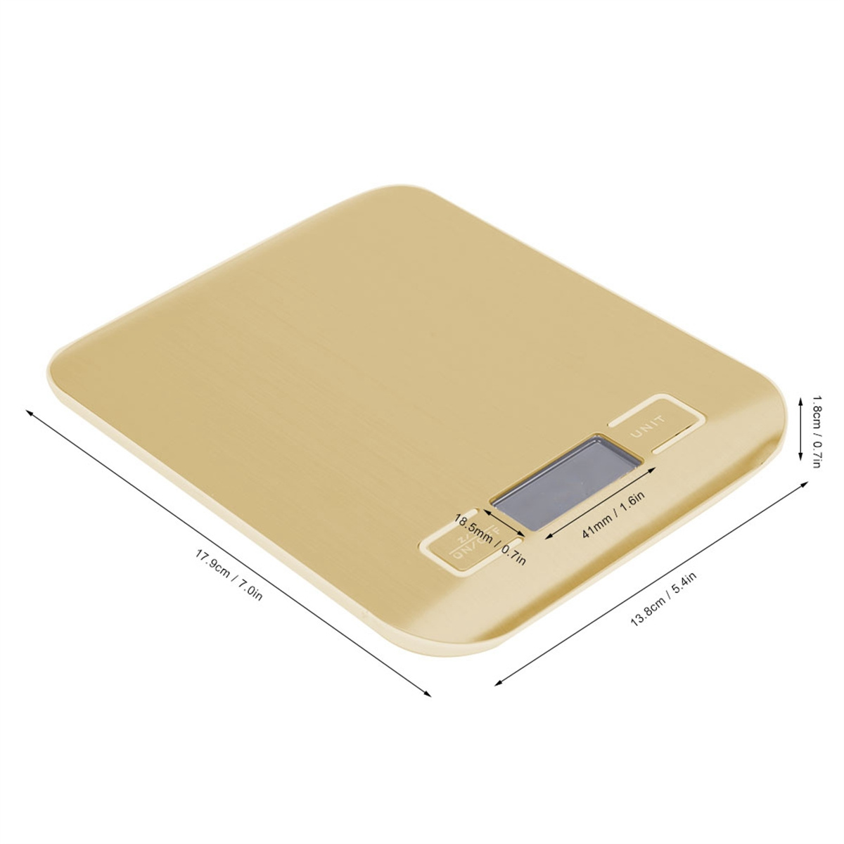 Eine goldfarbene digitale Küchenwaage mit Abmessungen. Text: UNIT.