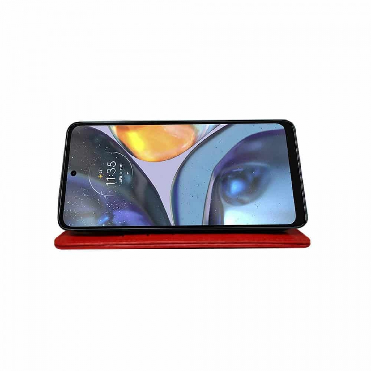 Rotes Telefon auf rotem Ständer, zeigt den Bildschirm mit der Uhrzeit.