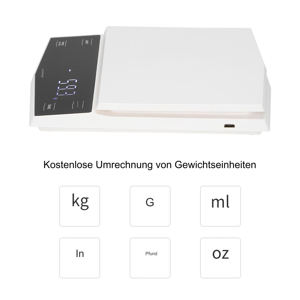 Weiße digitale Küchenwaage mit Display und Knöpfen für Gewichtseinheiten.