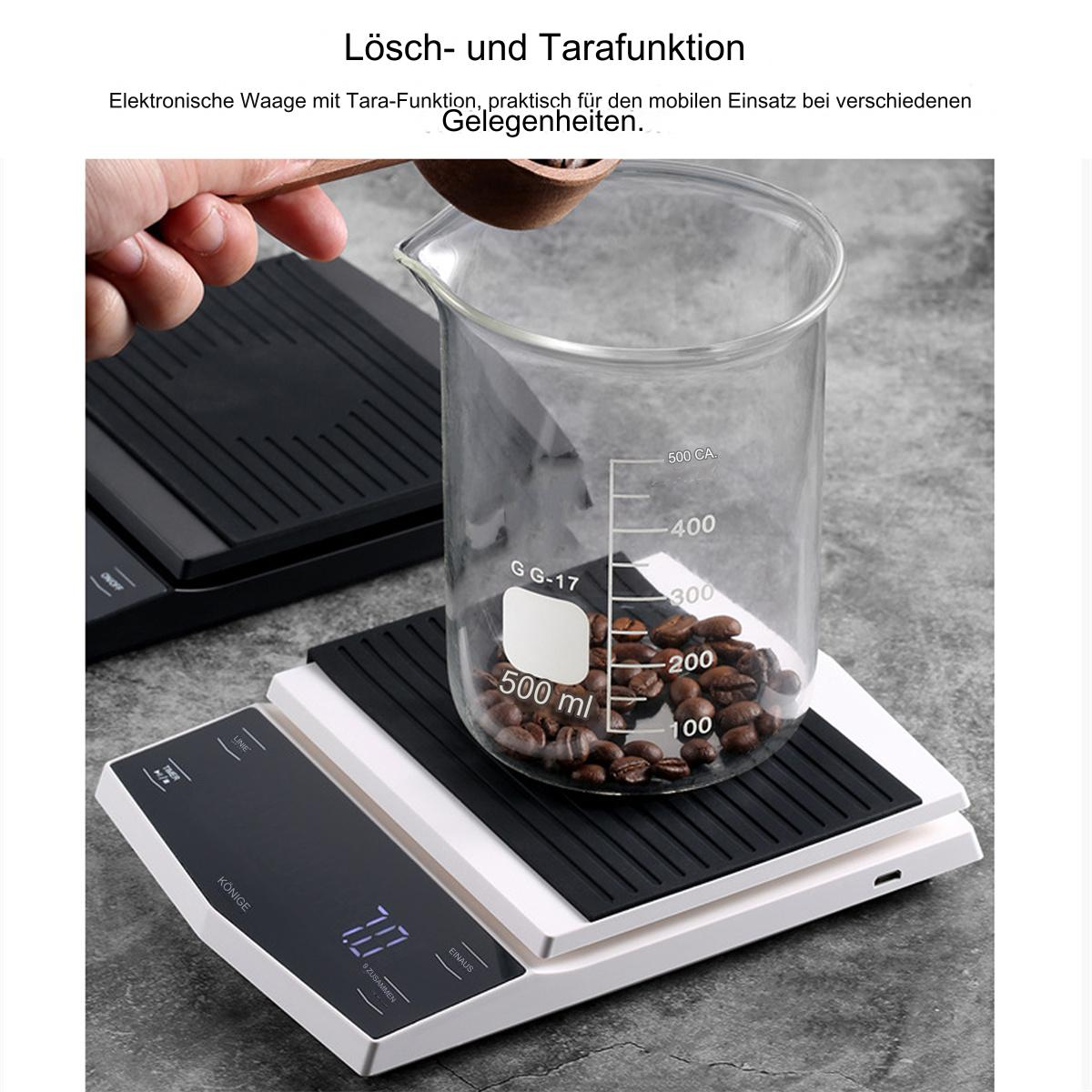 Eine Waage mit Kaffeebohnen, die in einen Glasbecher gegossen werden. Ein Holzlöffel und ein weißer Hintergrund.