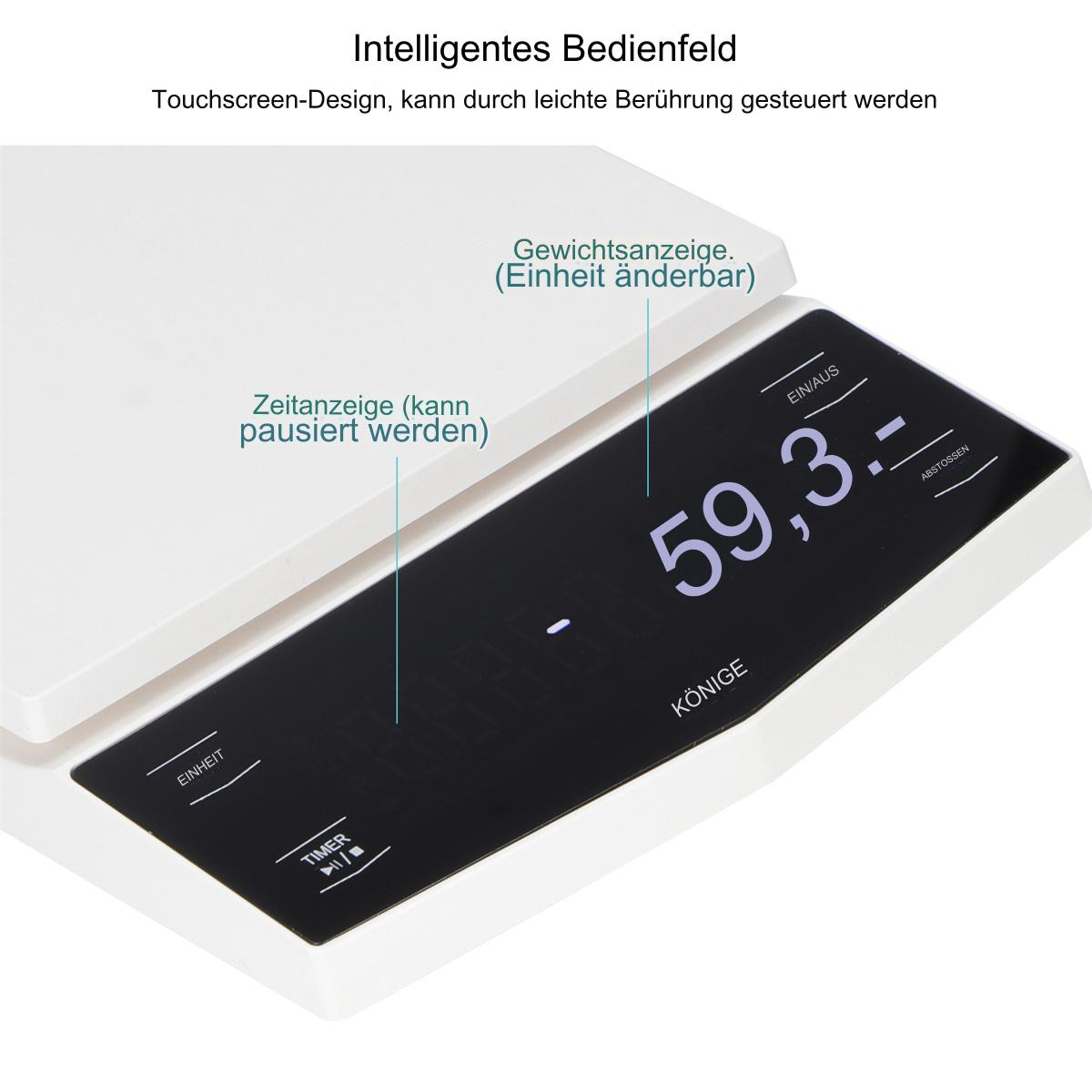 Eine digitale Küchenwaage mit Anzeige von 59,3, mit deutschen Beschriftungen.