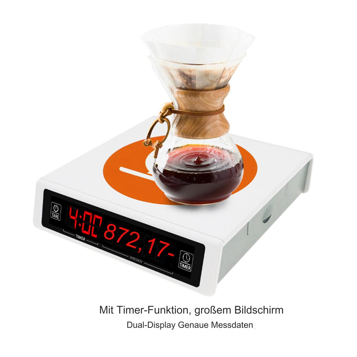 Kaffeewaage. Glaskaffeemaschine auf einer weiß-orangenen Waage. Timer zeigt 4:00 872,17.