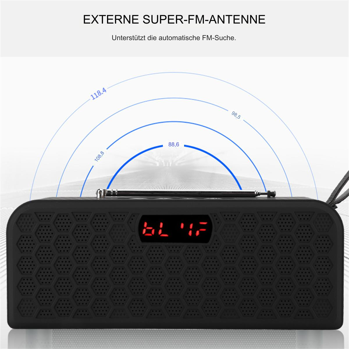 Schwarzes tragbares UKW-Radio mit Display und Antenne. Zeigt blaue Frequenzbögen.