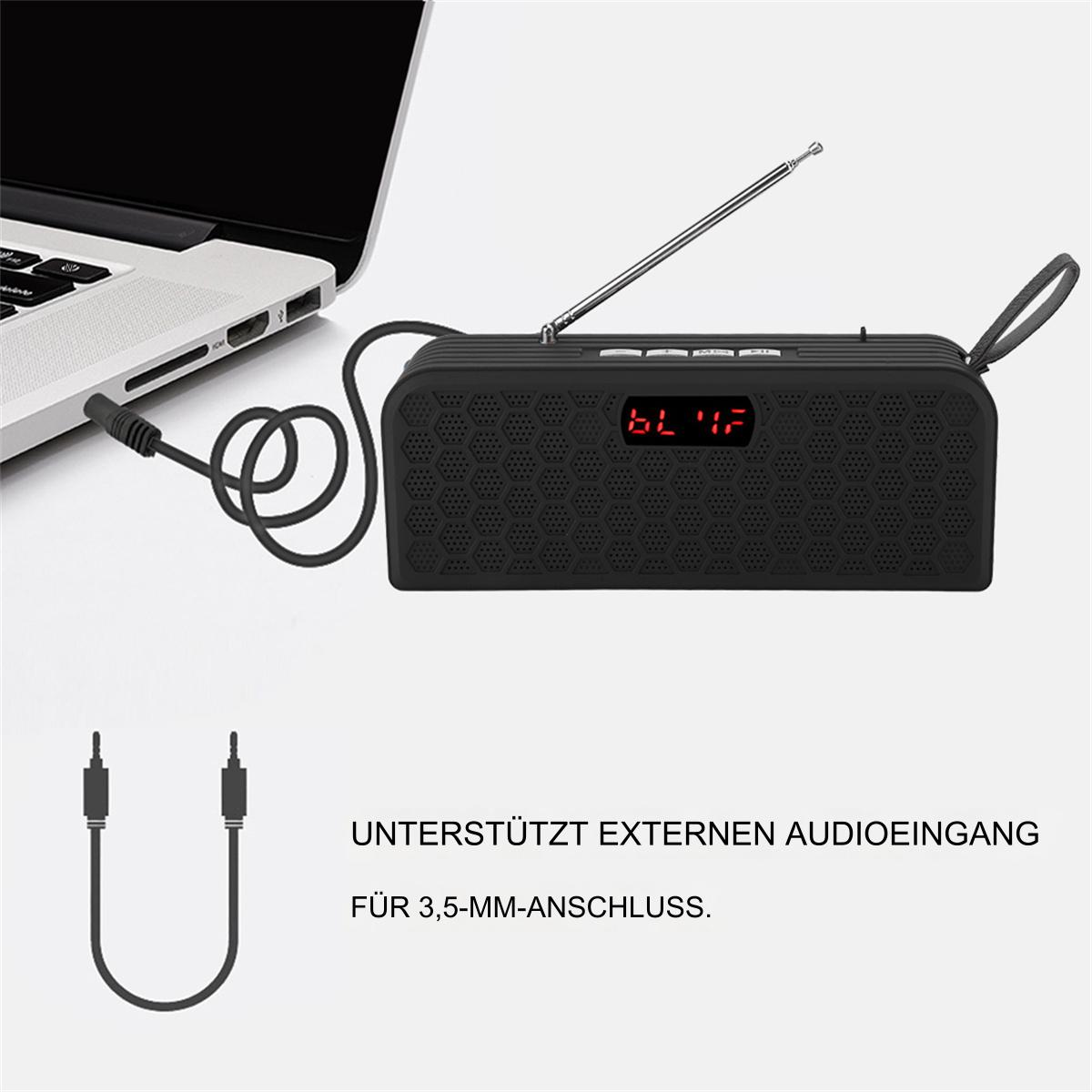 Schwarzer tragbarer Lautsprecher, an einen Laptop angeschlossen. Ein Kabel ist mit dem Lautsprecher verbunden.