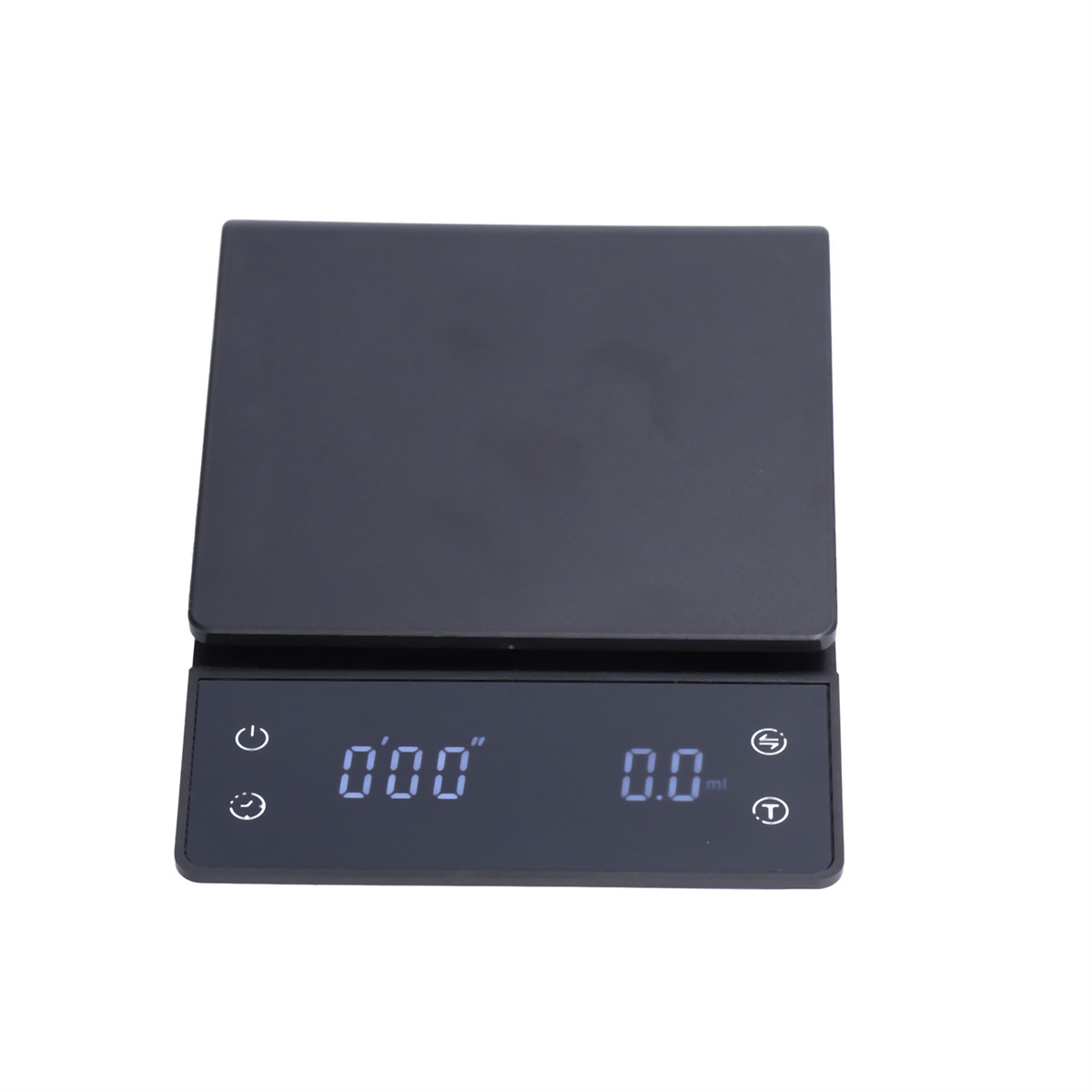 Eine schwarze digitale Küchenwaage mit einem beleuchteten Display, das '000' und '0,0 ml' auf weißem Hintergrund anzeigt.