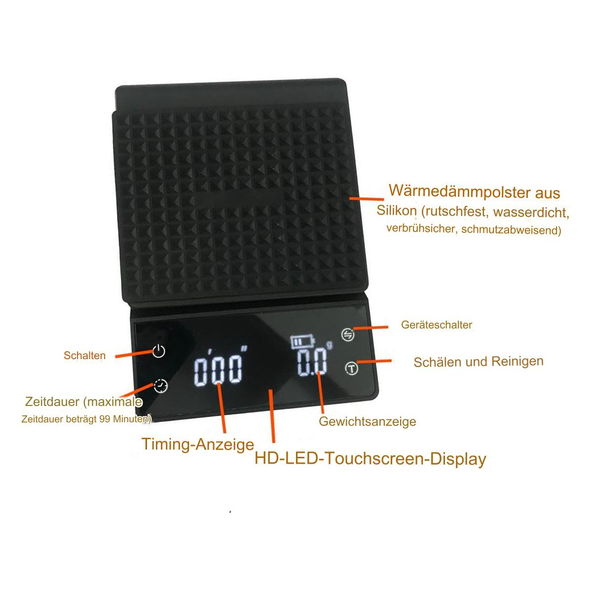 Eine schwarze Küchenwaage mit digitaler Anzeige und Bedienelementen.