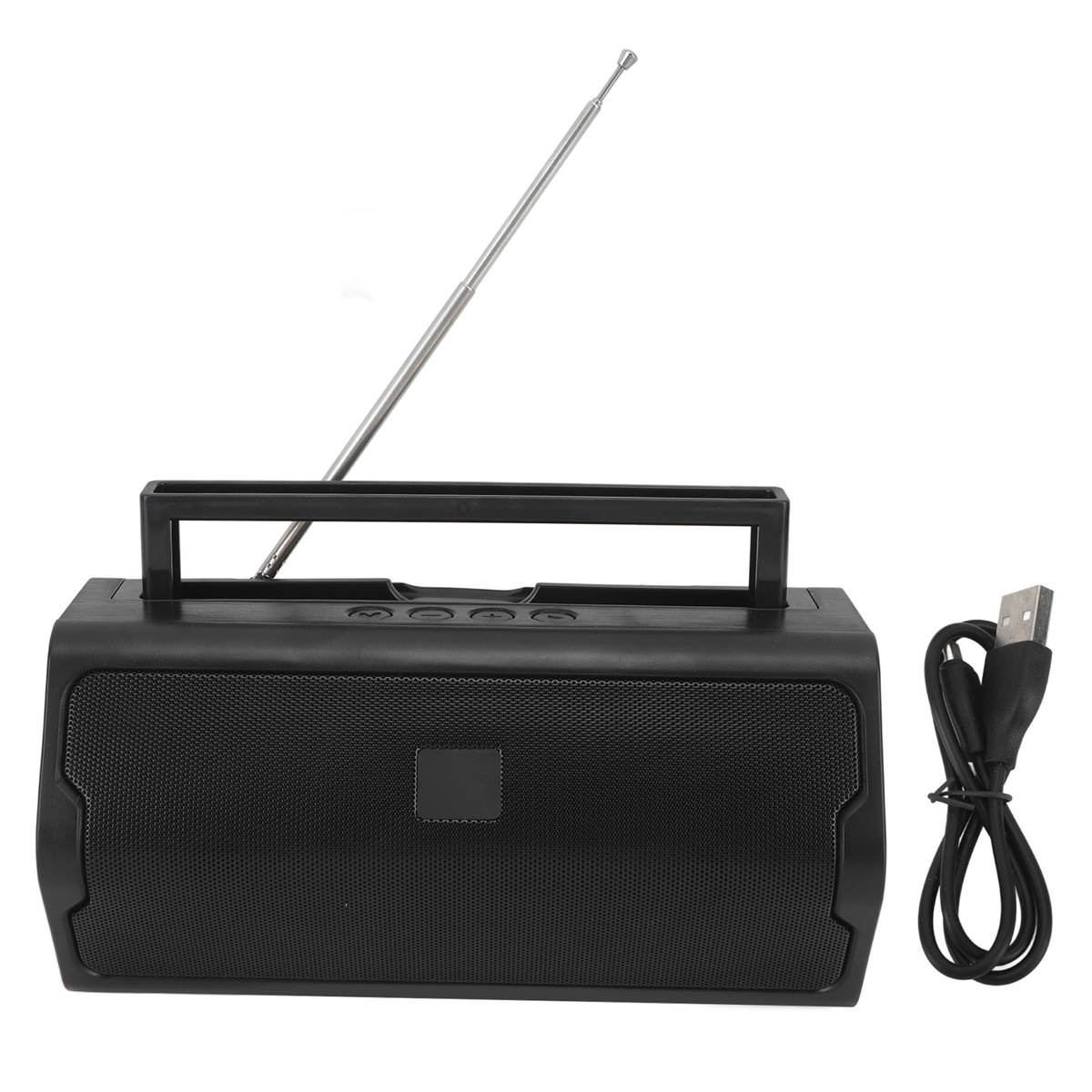 Schwarzes tragbares Radio mit Antenne und USB-Kabel auf weißer Oberfläche. Das Radio hat Knöpfe und einen Griff.