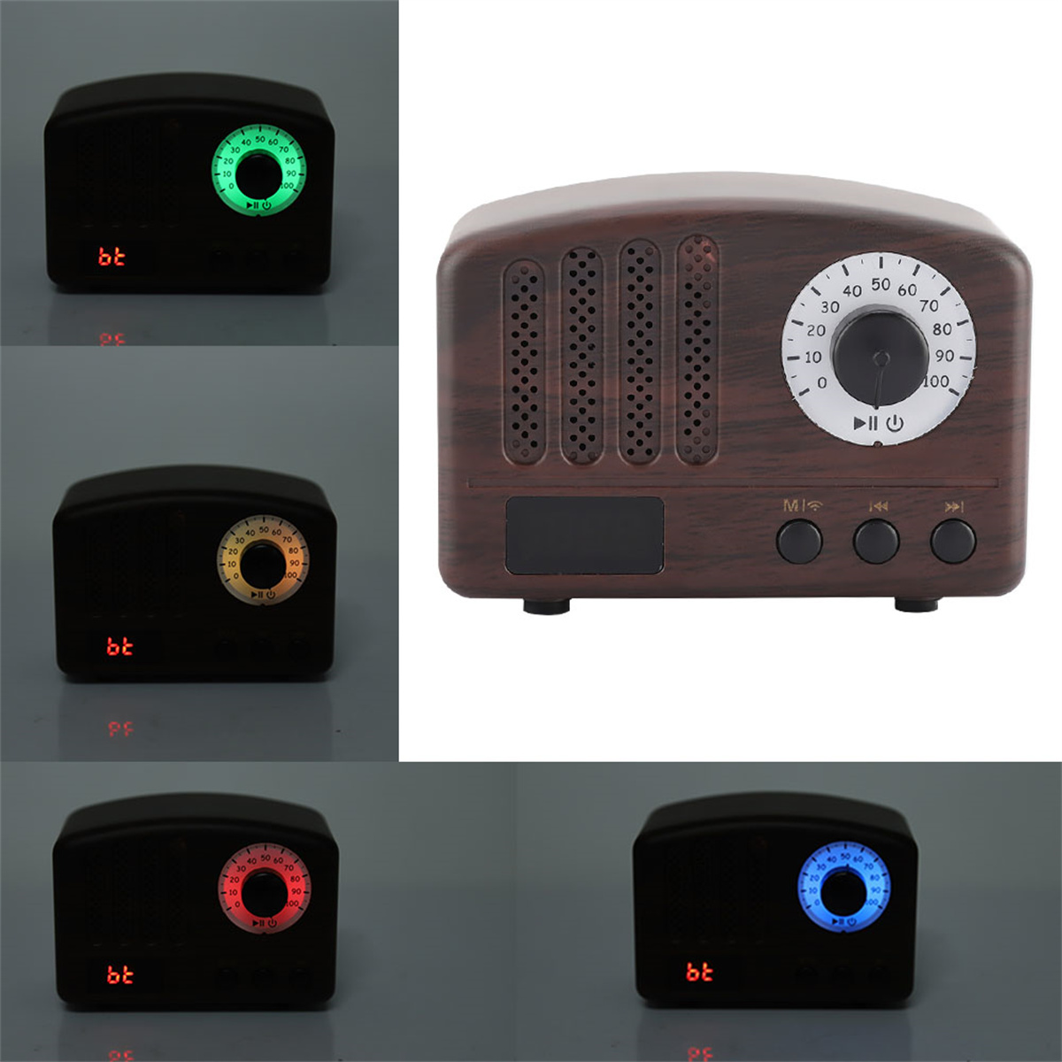 Retro-Radio in Holzoptik mit mehreren Lichtfarben. Knöpfe und ein Zifferblatt sichtbar. bt links.