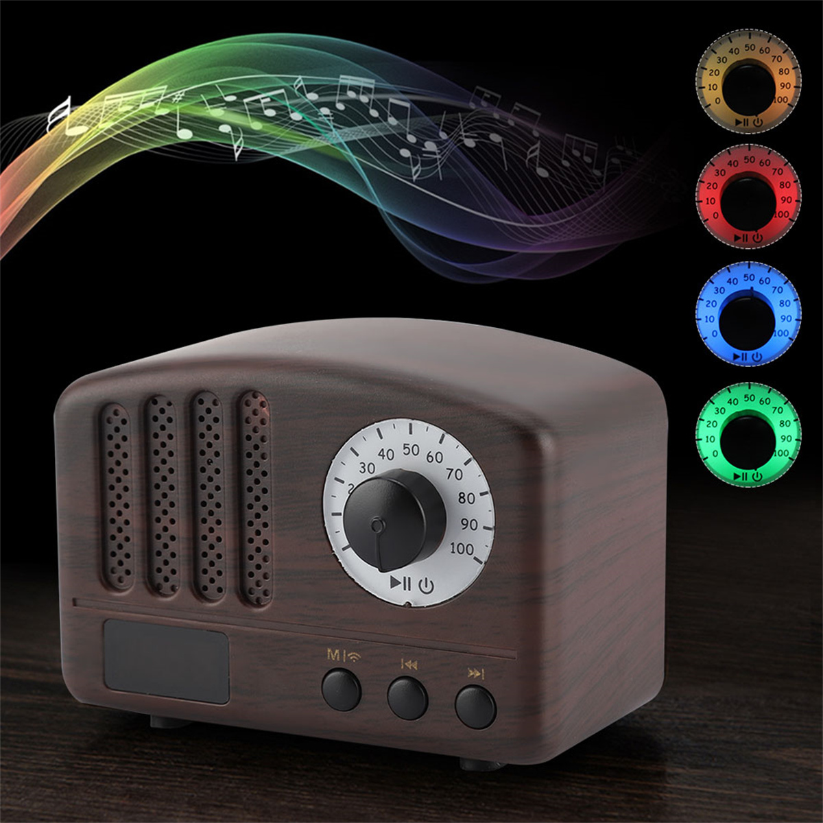 Retro-Radio aus Holz mit Einstellrad, Knöpfen und bunten Lichteffekten.