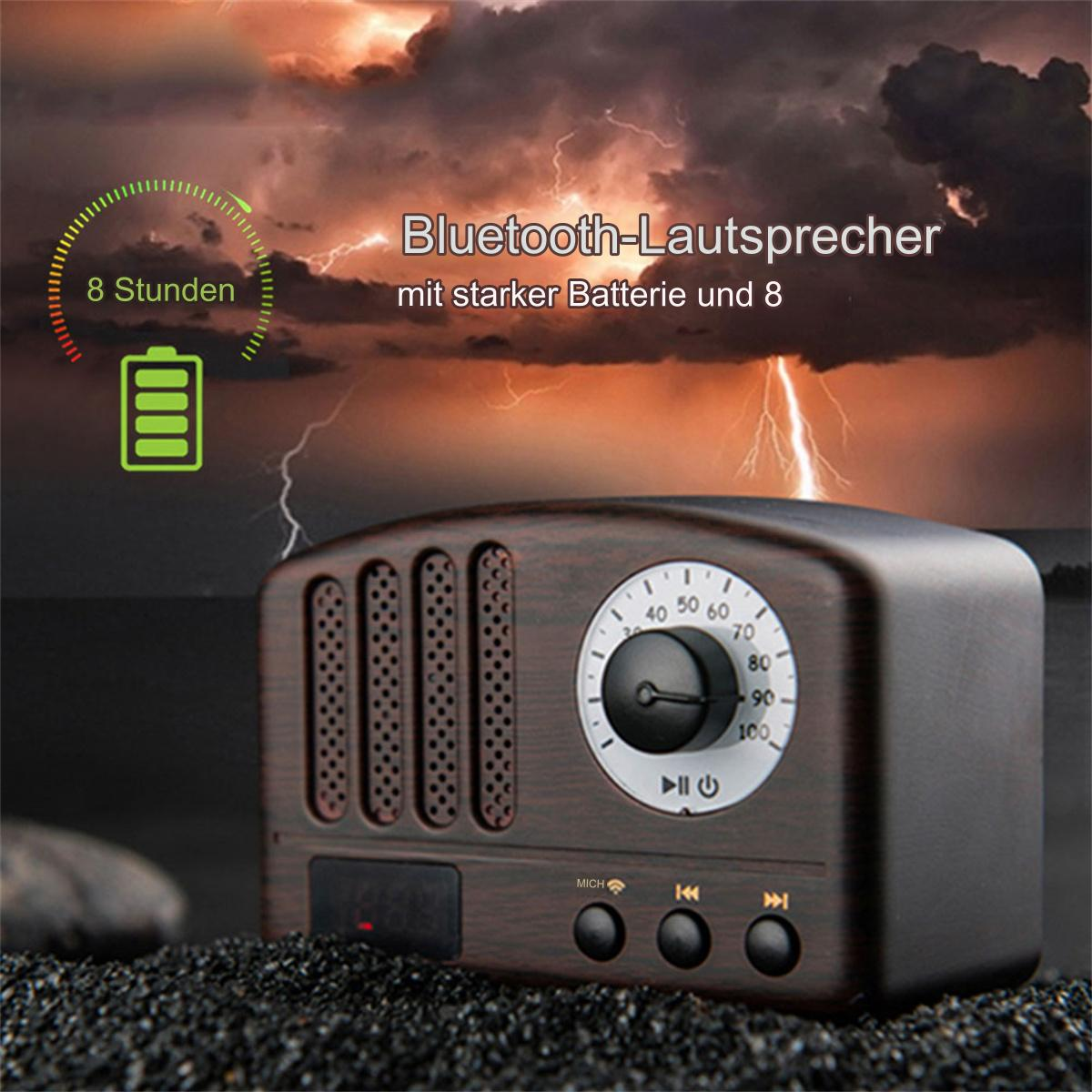 Ein Holz-Lautsprecher im Retro-Stil. Zeigt Bedienelemente vorne. Der Hintergrund ist stürmisch.