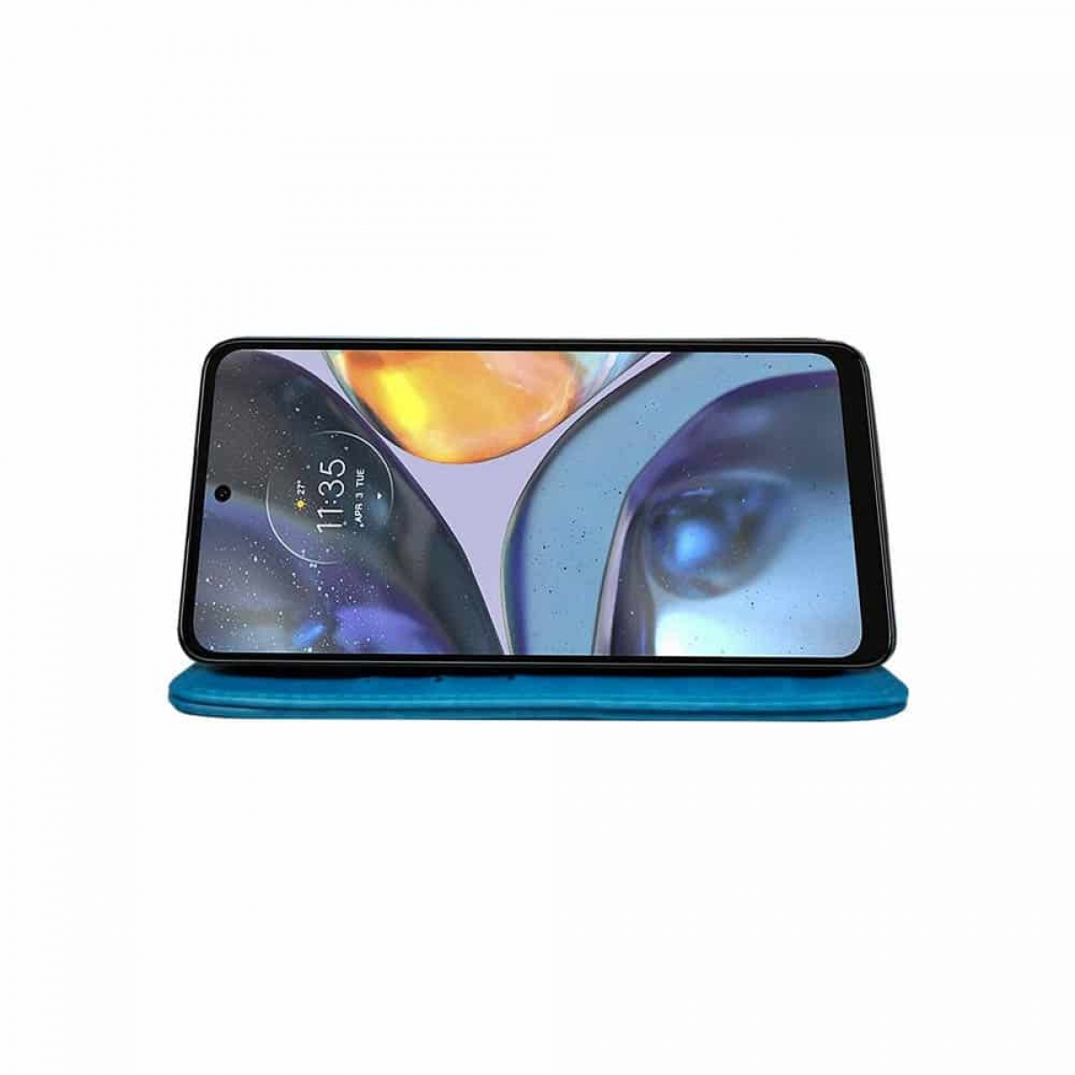 Smartphone auf blauem Etui. Der Bildschirm zeigt einen bunten Hintergrund.