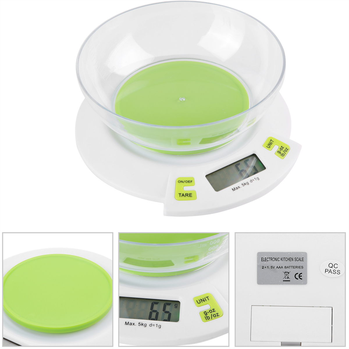 Digitale Küchenwaage mit klarer und grüner Schüssel. Sie zeigt 6,5 auf dem Display.