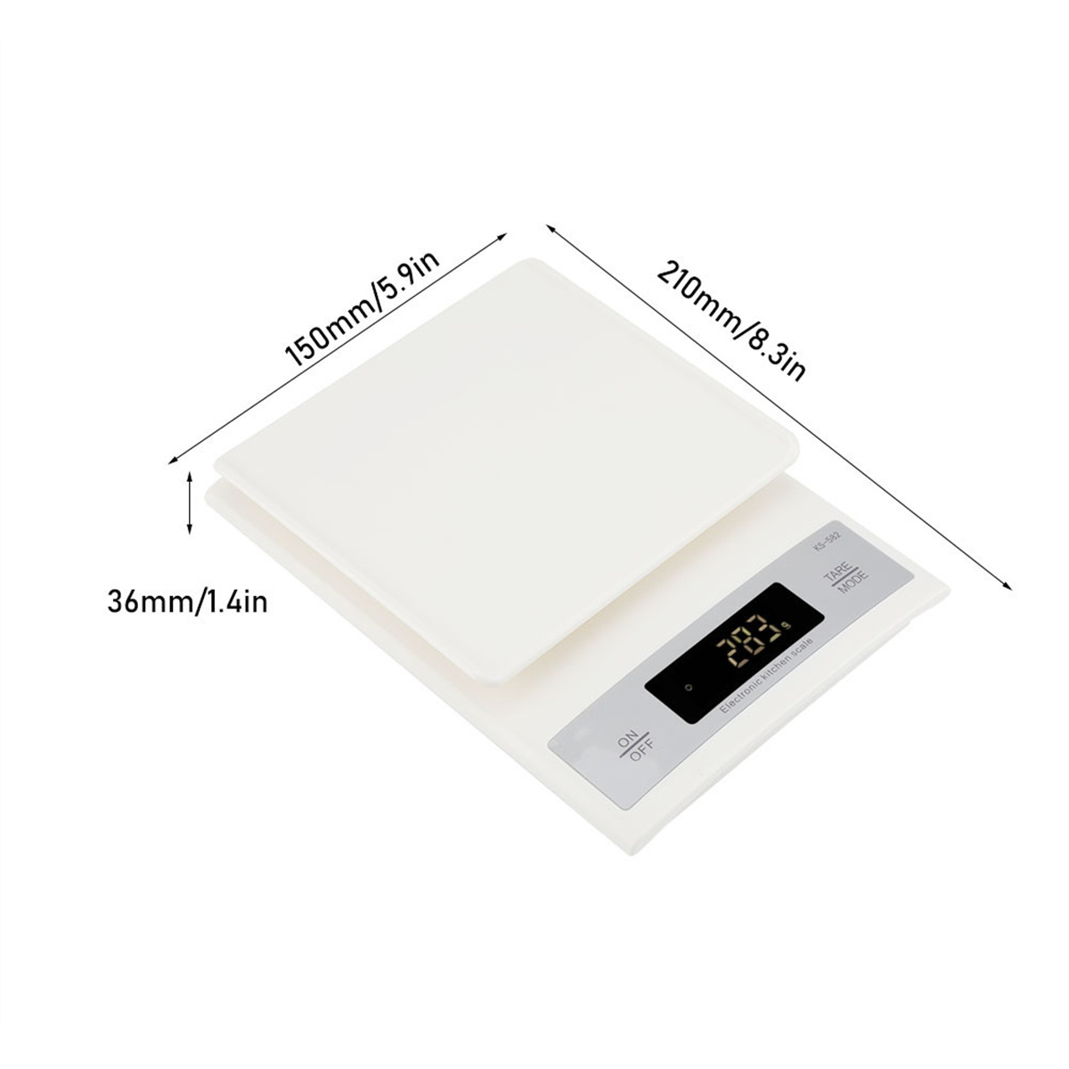 Weiße digitale Küchenwaage. Abmessungen sind 150 mm x 210 mm x 36 mm.