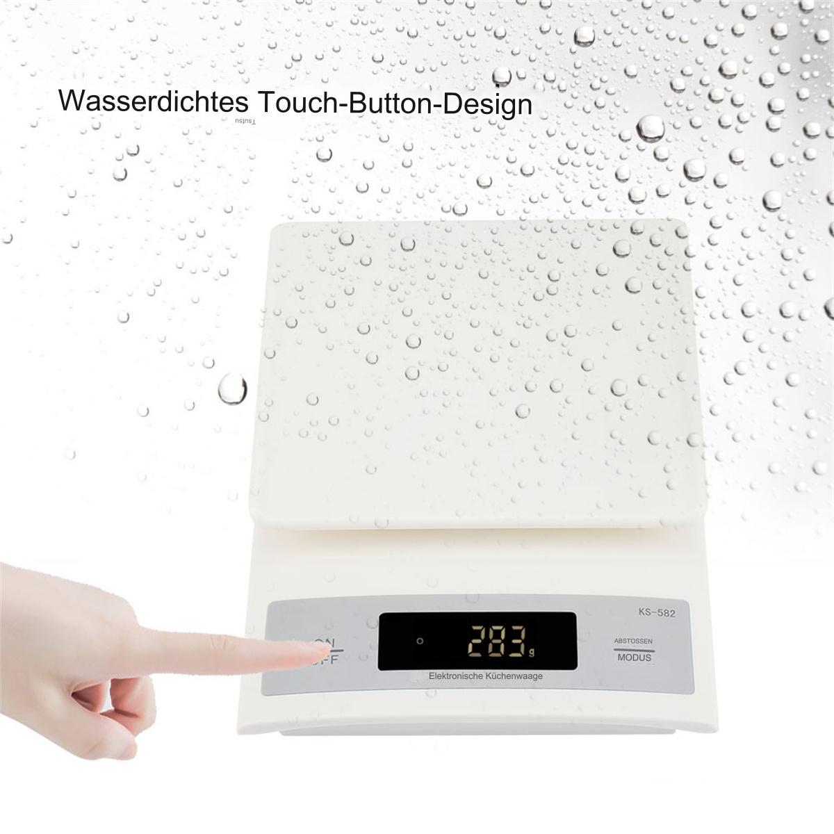 Eine weiße Küchenwaage mit Digitalanzeige, ein Finger drückt die Ein/Aus-Taste, Wassertropfen sichtbar.