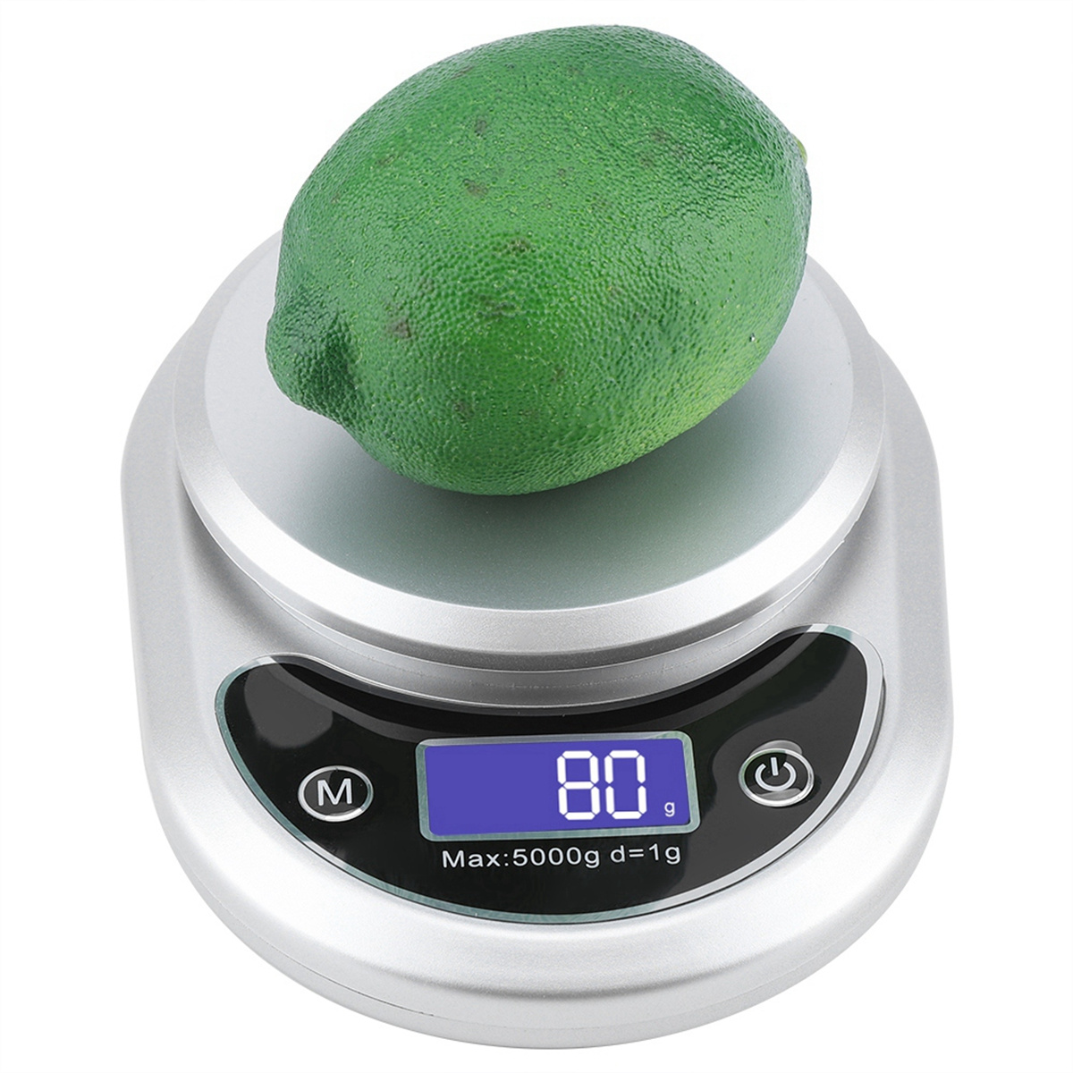 Eine Limette liegt auf einer silbernen Küchenwaage, die 80g anzeigt.