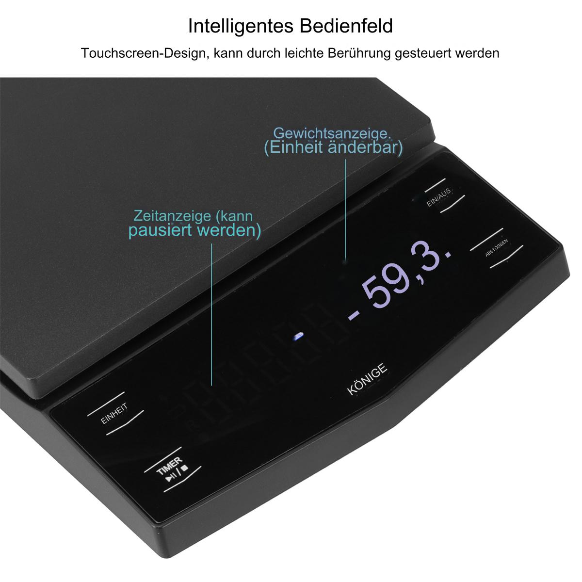 Nahaufnahme einer schwarzen Digitalwaage, die ein Gewicht anzeigt. Knöpfe und Text vorhanden.