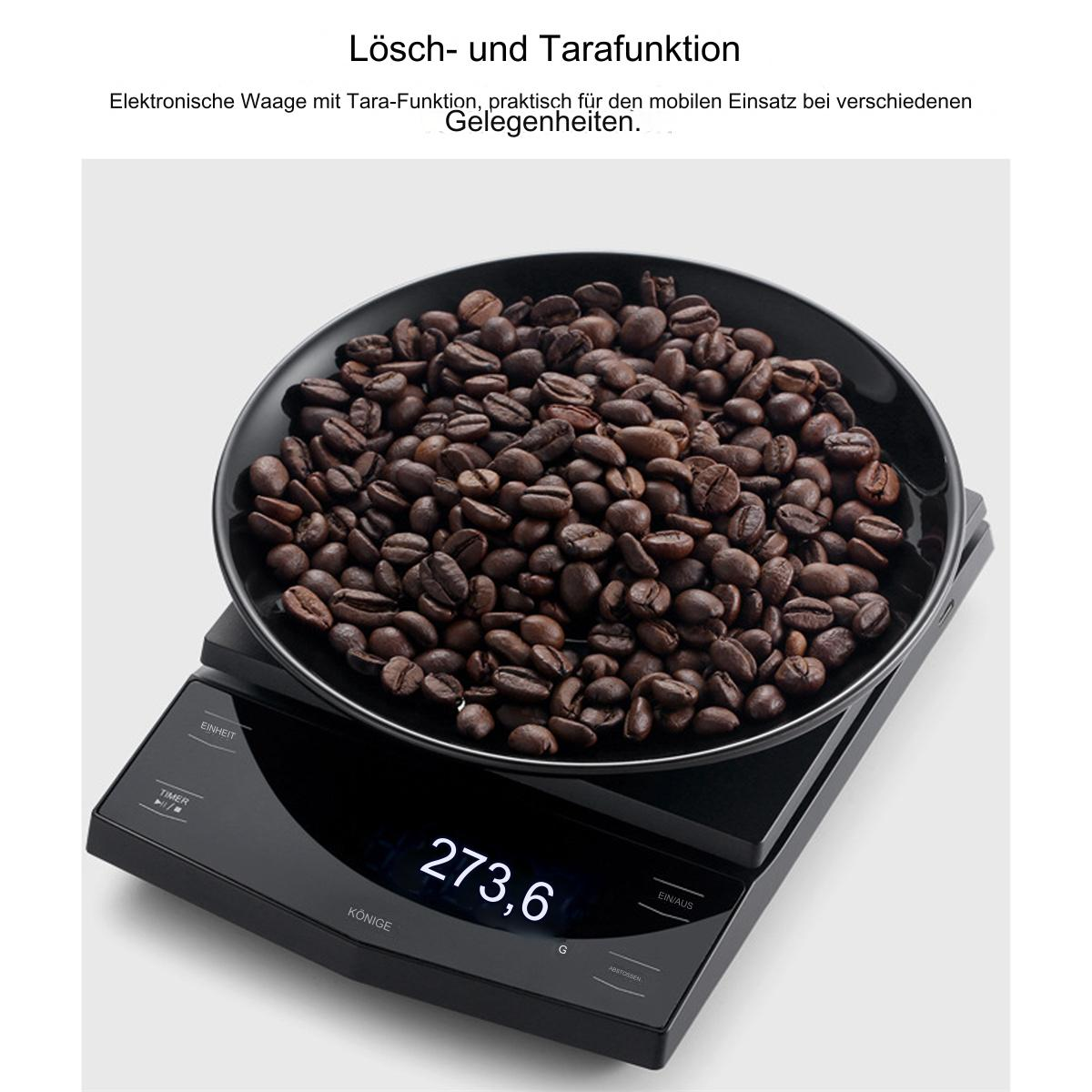 Waage mit Kaffeebohnen auf schwarzem Teller. Anzeige zeigt 273,6. Oberfläche ist schwarz.