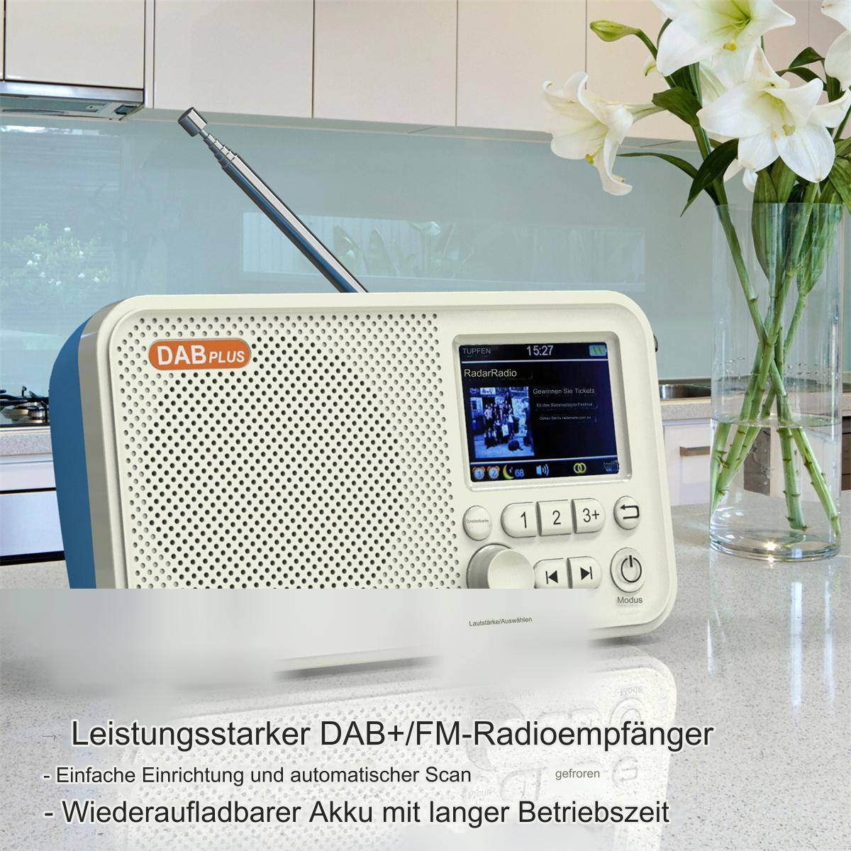 Cremefarbenes Radio mit Digitalanzeige, Antenne und Blumen im Hintergrund.