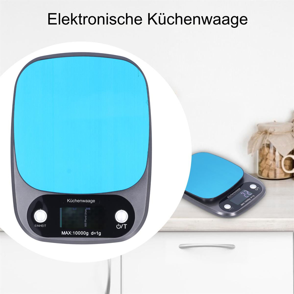 Elektronische Küchenwaage mit blauer Oberfläche. Eine zweite Waage befindet sich im Hintergrund.