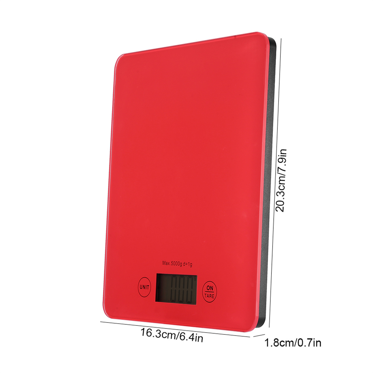 Rote Digitalwaage mit Abmessungen 16,3 cm/6,4 Zoll und 20,3 cm/7,9 Zoll. Weiße Tasten.
