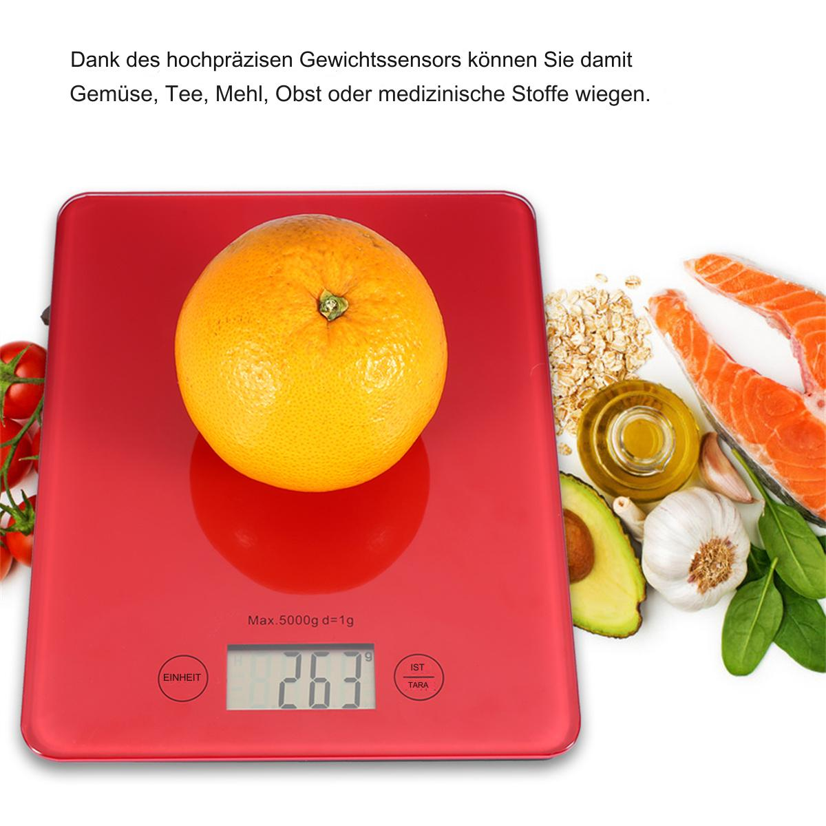Rote Waage mit Orange und verschiedenen Lebensmitteln: Avocado, Knoblauch, Öl, Fisch, Tomaten.