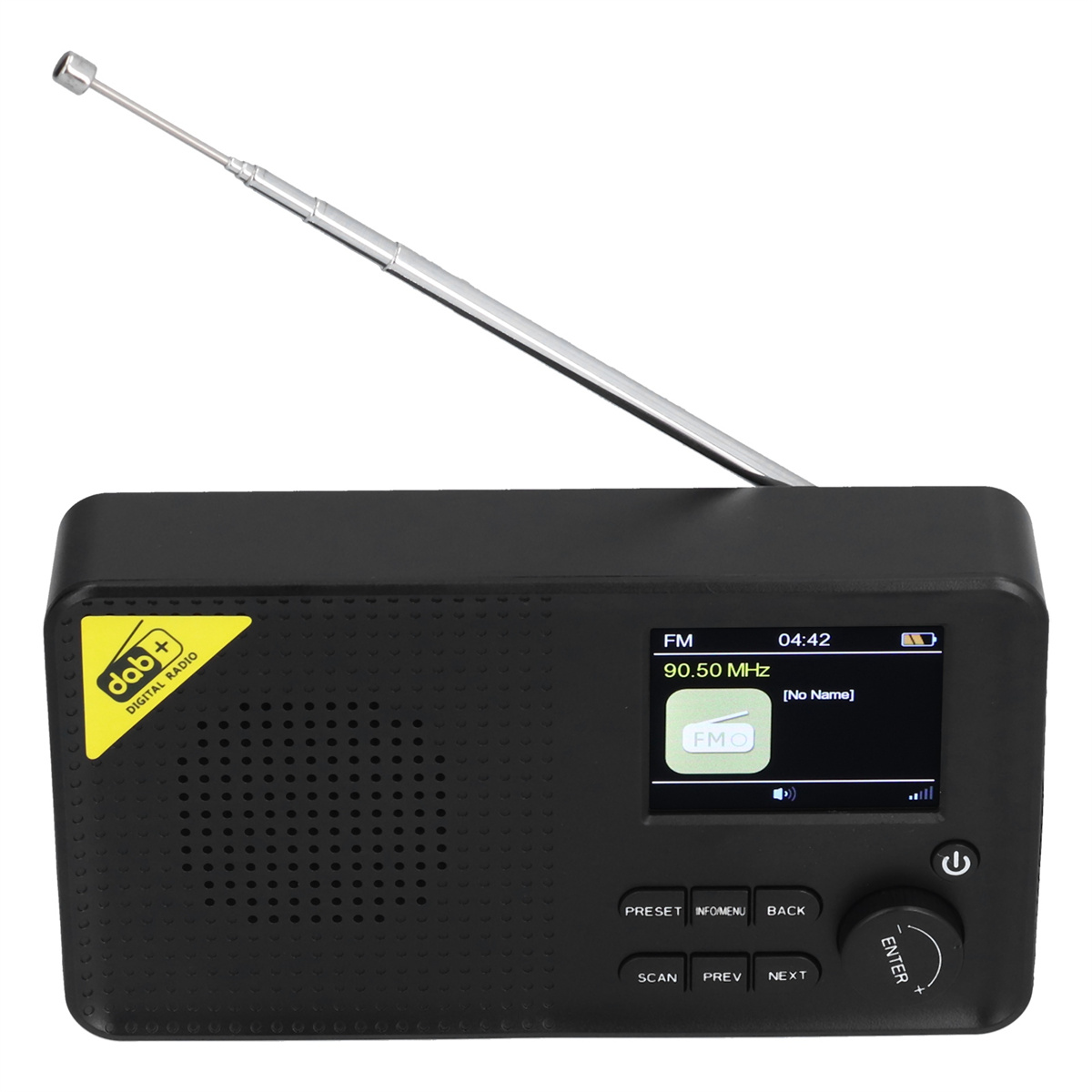 Schwarzes DAB-Radio mit Bildschirm und Antenne. Zeigt Zeit- und Radiosenderinformationen an.