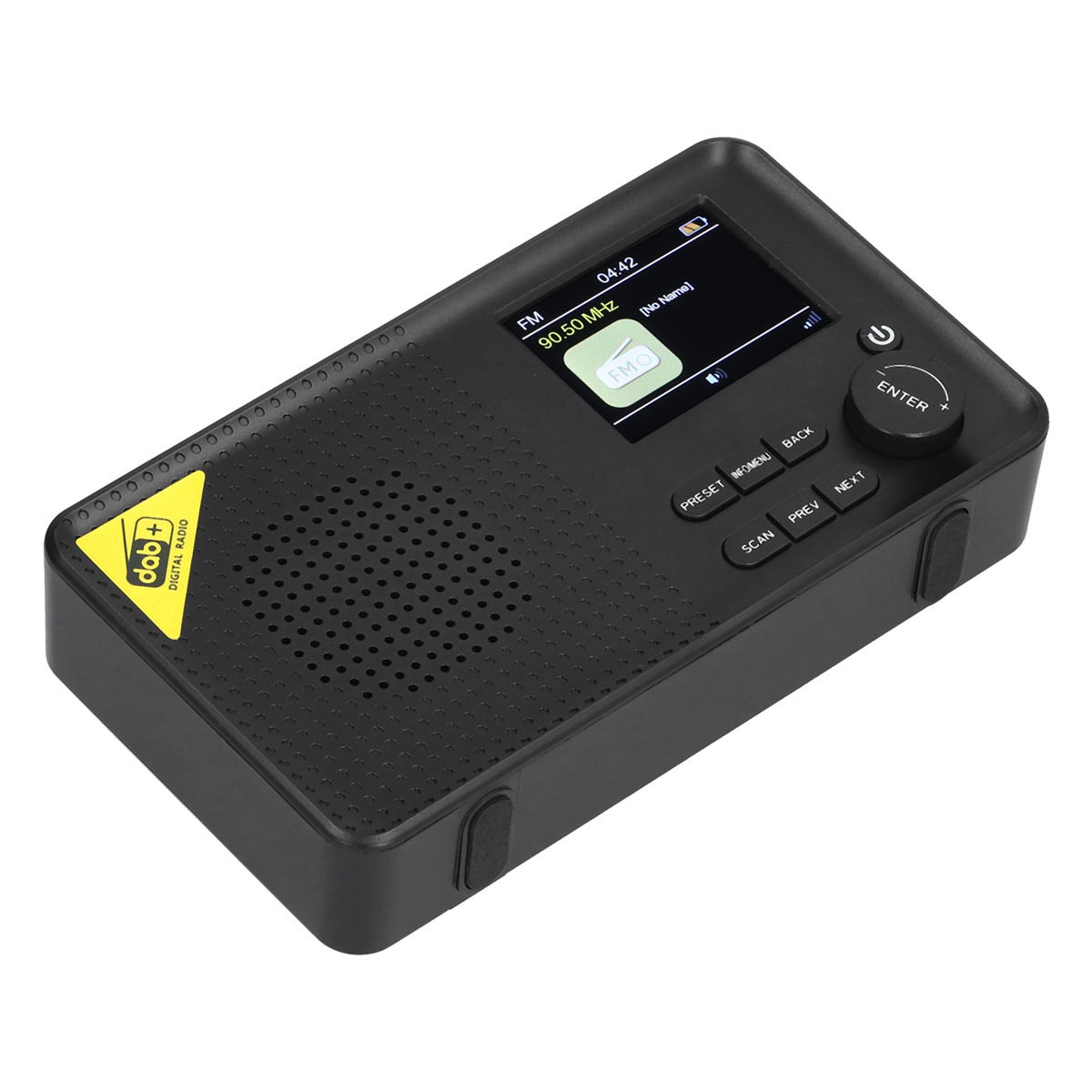 Schwarzes Digitalradio mit kleinem Bildschirm und Bedientasten, Draufsicht, isoliert.