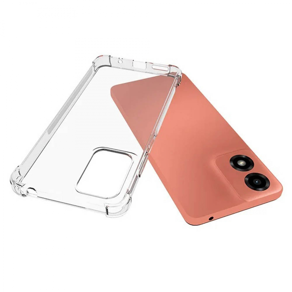 Eine Handyhülle, transparent und rosa. Das Telefon ist rosa. Die Hülle ist geöffnet. Das Telefon hat eine Kamera.