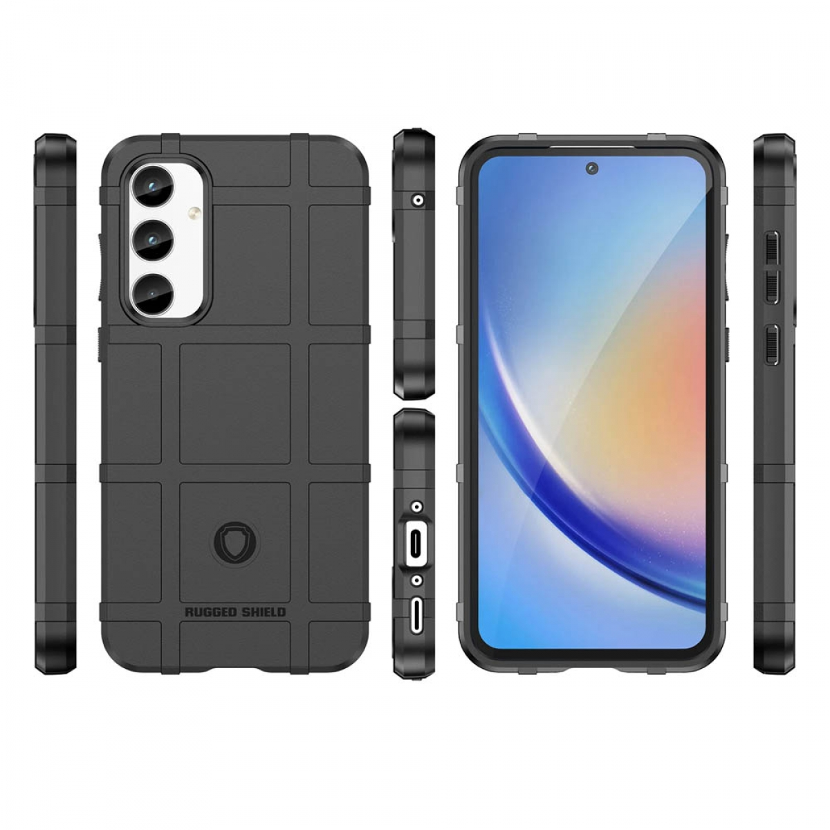 Schwarze Handyhülle. Die Hülle hat ein robustes Design und zeigt Rück- und Seiten des Telefons.