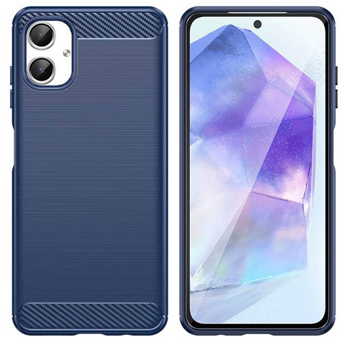 Zwei Handyhüllen, eine mit strukturiertem blauen Rücken und die andere mit einem Telefonbildschirm.