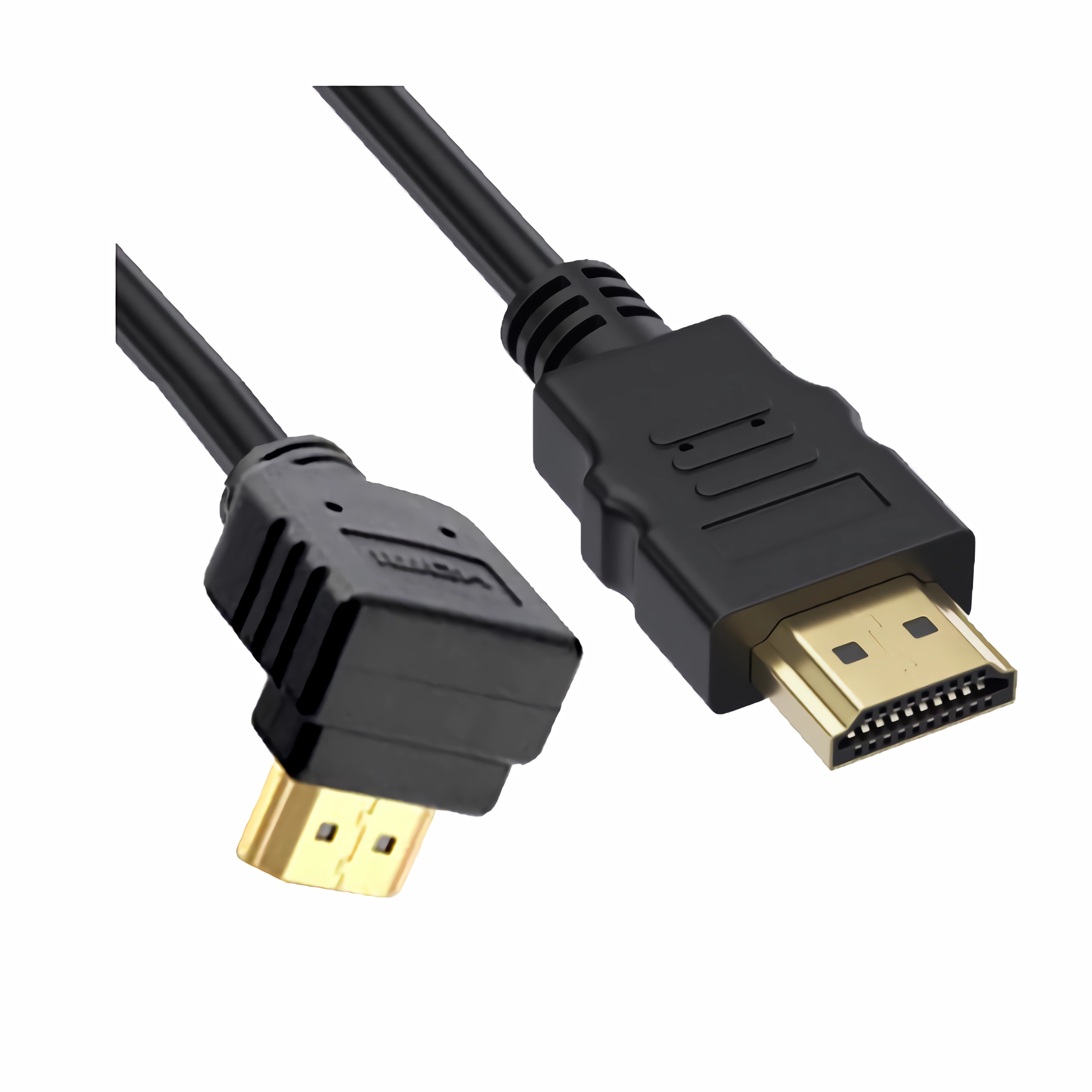 Schwarz-goldenes HDMI-Kabel mit abgewinkelten und geraden Steckern auf weißem Hintergrund.