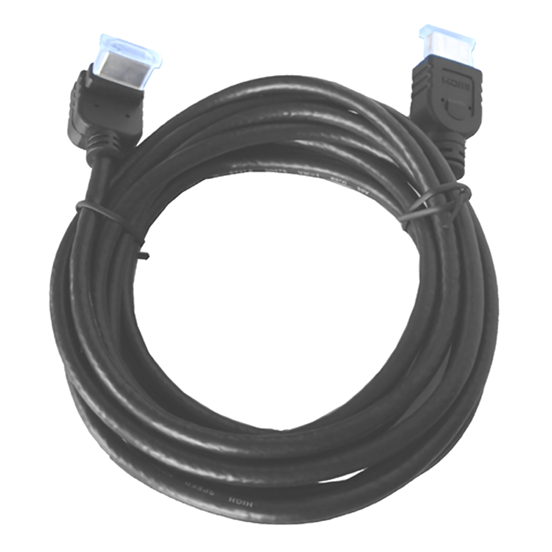 Schwarzes HDMI-Kabel, aufgerollt. Zwei HDMI-Anschlüsse mit transparenten Kappen an den Enden.
