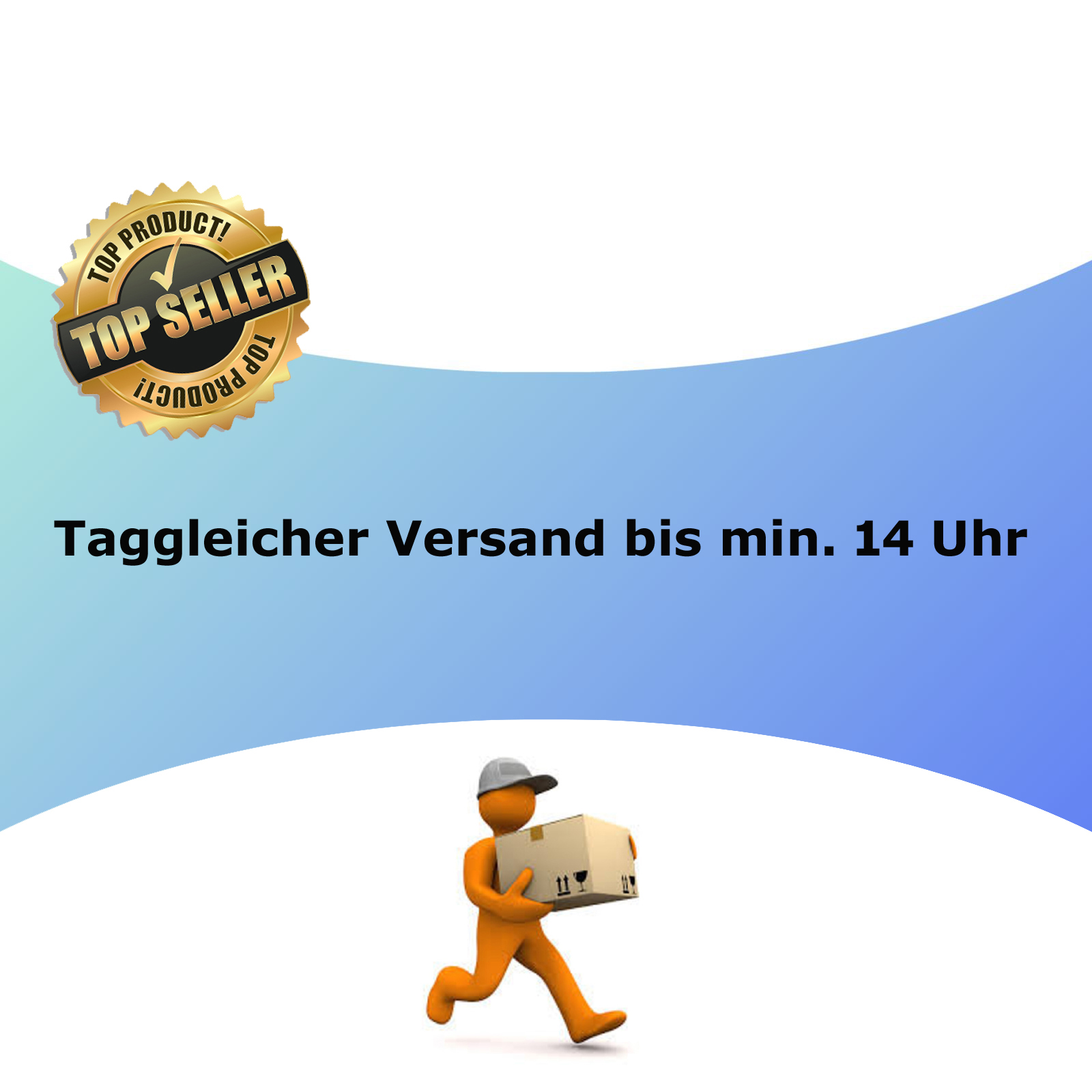Eine orangefarbene Figur, die mit einem Paket rennt, umgeben von Text und einem Produktbadge.