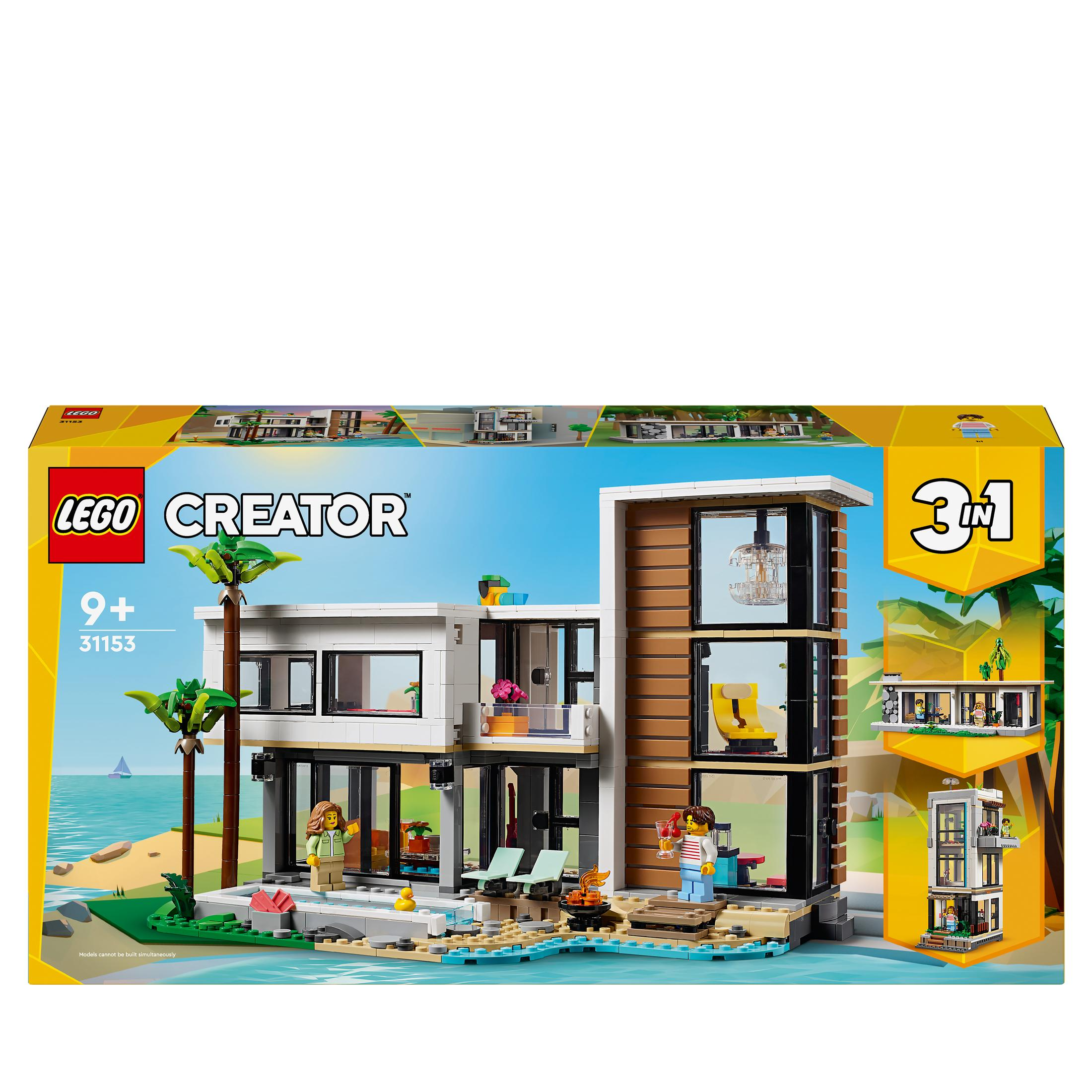 Bir Lego Creator kutu seti, figürler ve aksesuarlarla modern bir sahil evi gösteriyor.